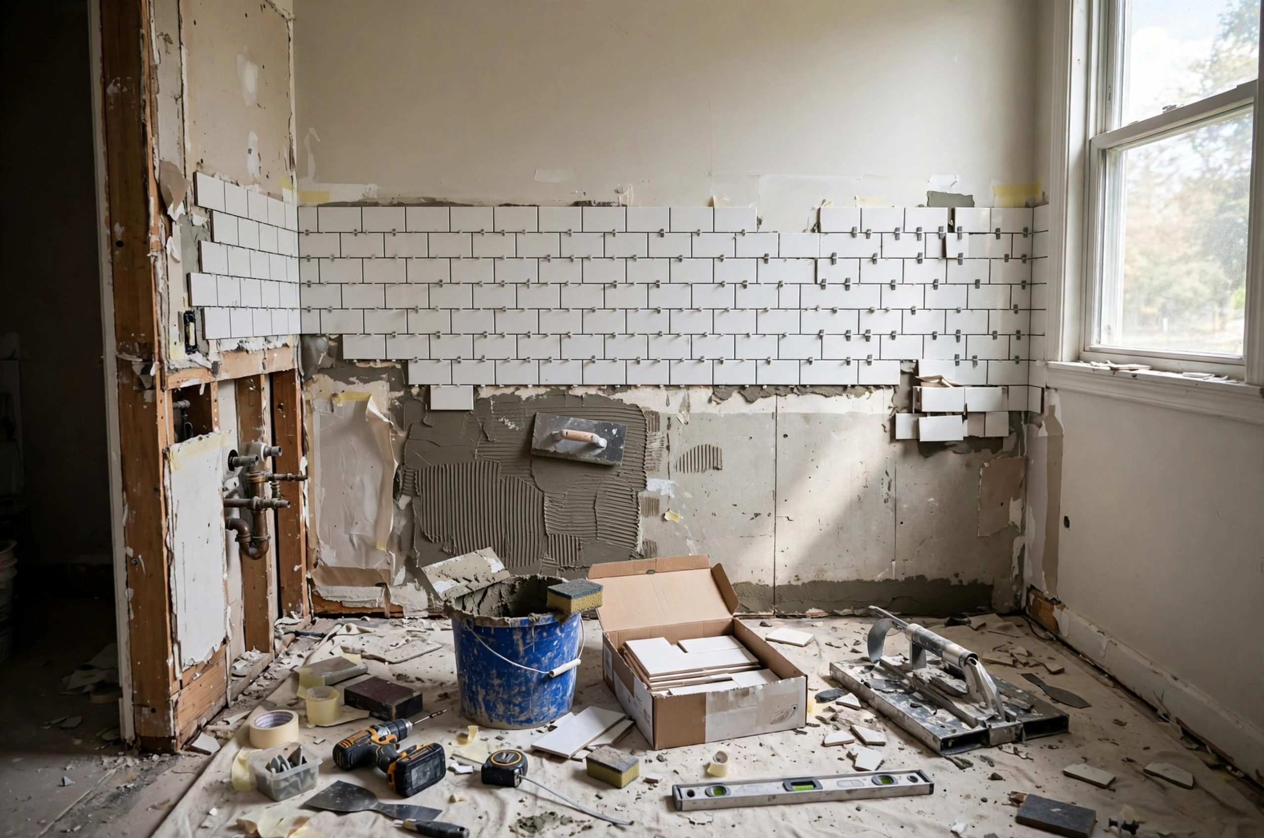 Bathroom Remodel Timeline: Bathroom mid-remodel with new tile being installed