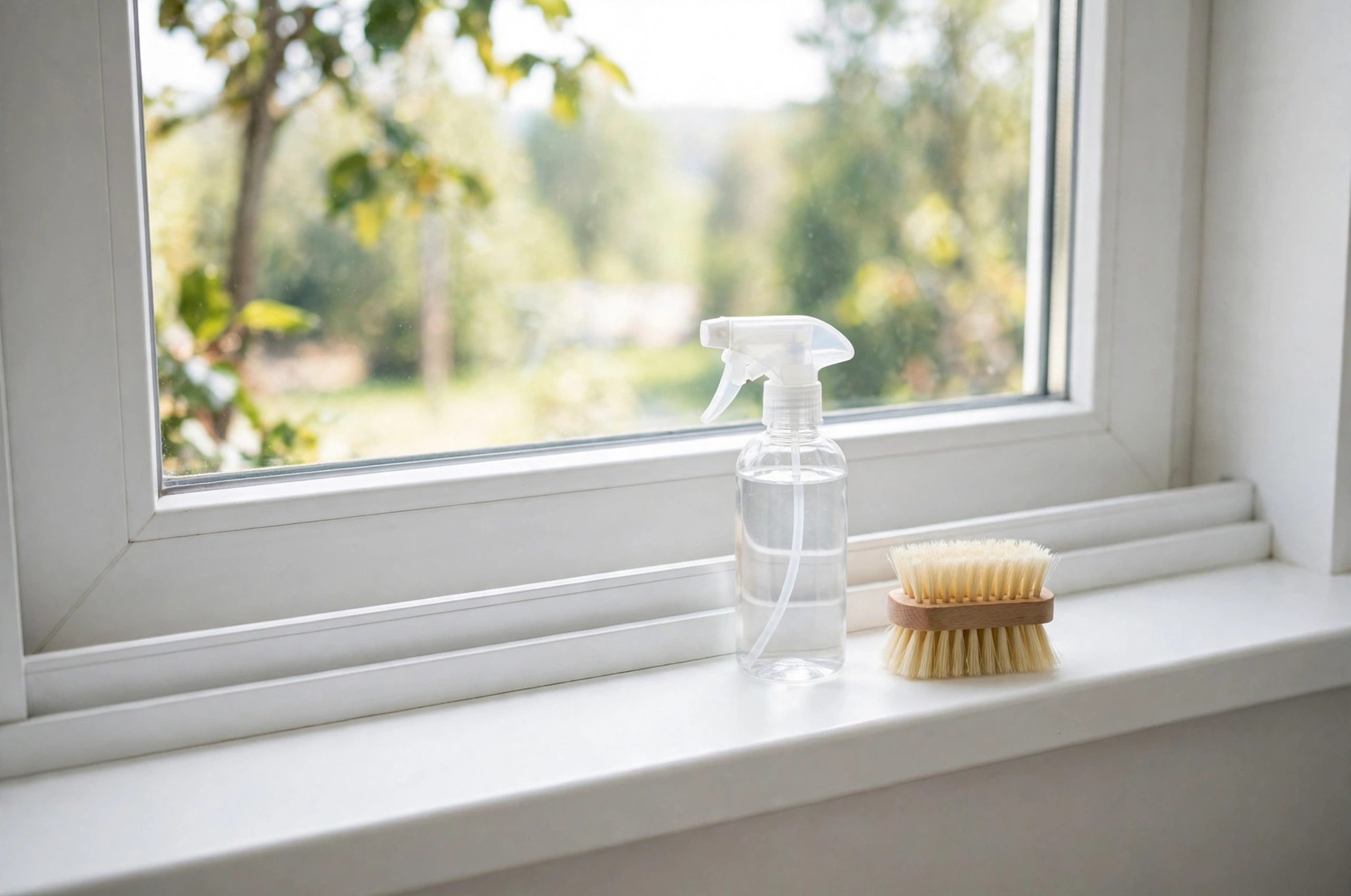 Clean window tracks and sills with brush and spray bottle