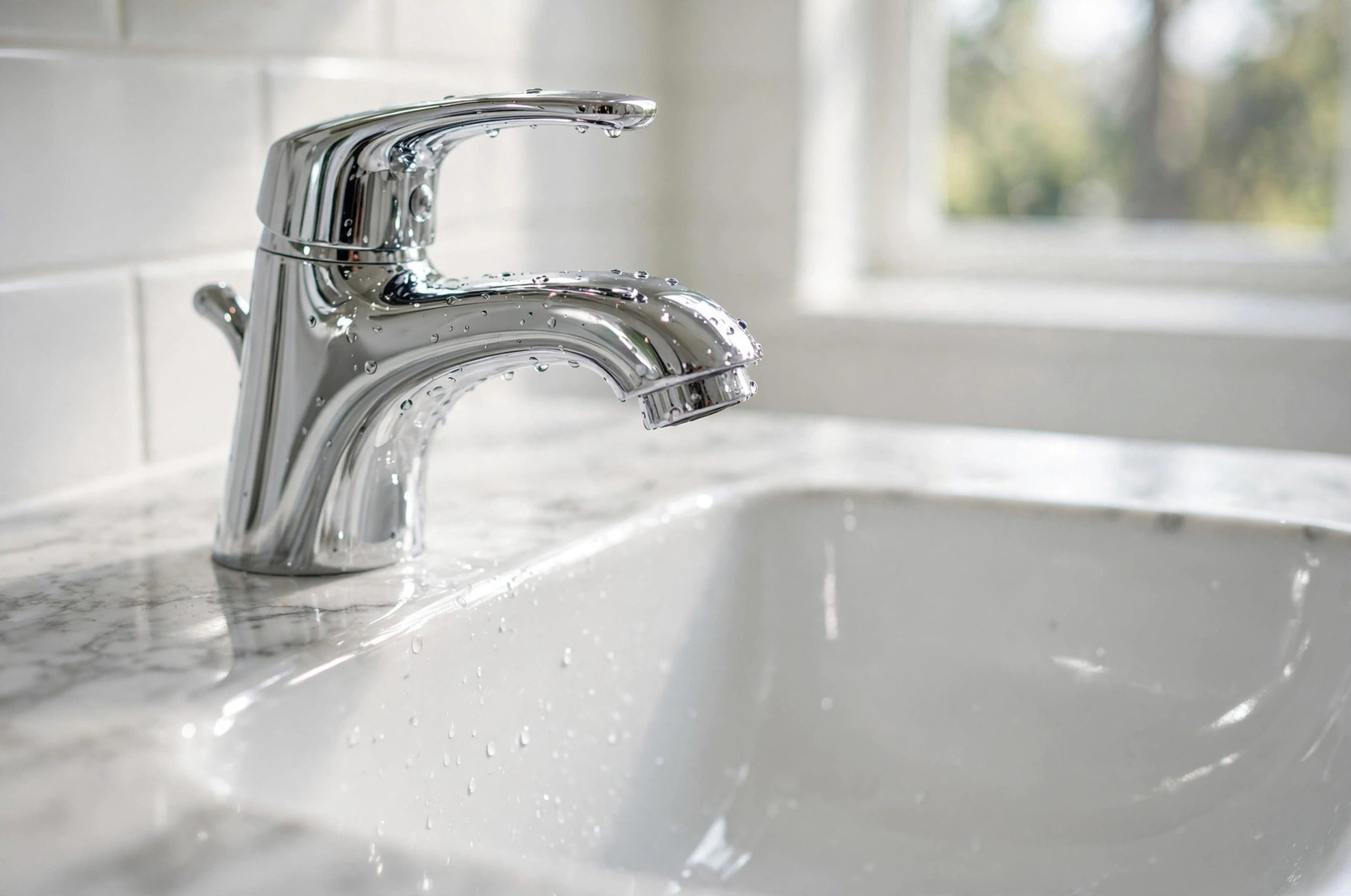Remove Hard Water Stains from Faucets: Sparkling clean chrome bathroom faucet after hard water stain removal