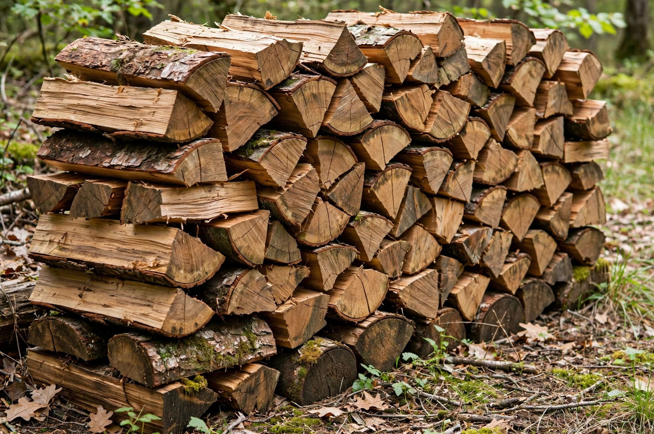 Firewood Burns Cleanest in Home Fireplaces: Stacked seasoned hardwood firewood that burns clean