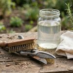 pruning shears being cleaned with a brush and jar of vinegar to clean pruning shears