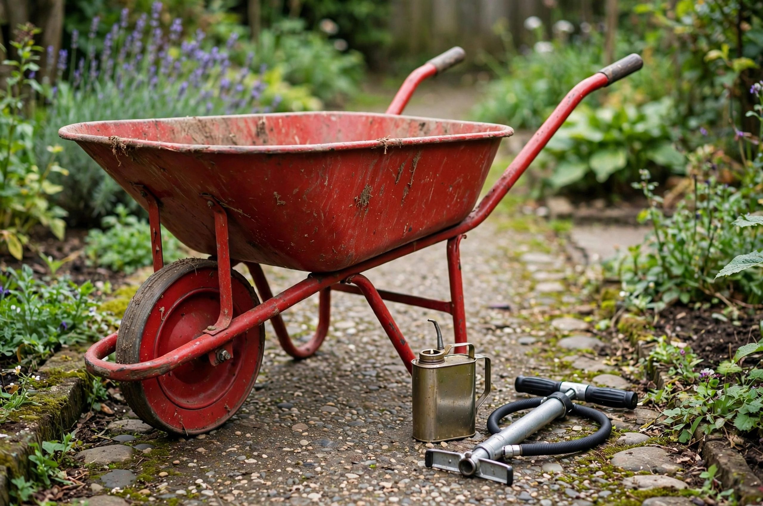 red garden wheelbarrow with oil can and pump to maintain a garden wheelbarrow