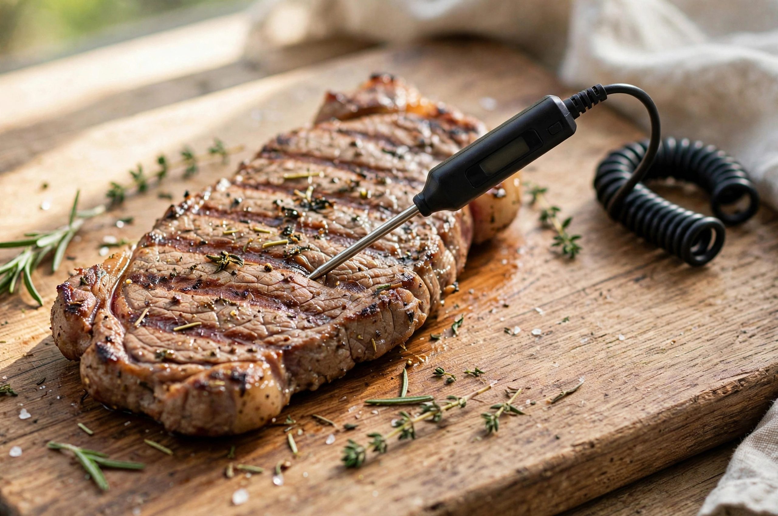 Meat Thermometer Tips Thin Steak: thermometer probe in thin grilled steak