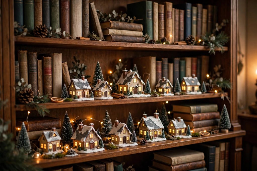arrange a Christmas village on bookshelf