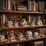 Arrange a Christmas Village on Bookshelf: Christmas village arranged on a bookshelf with glowing houses