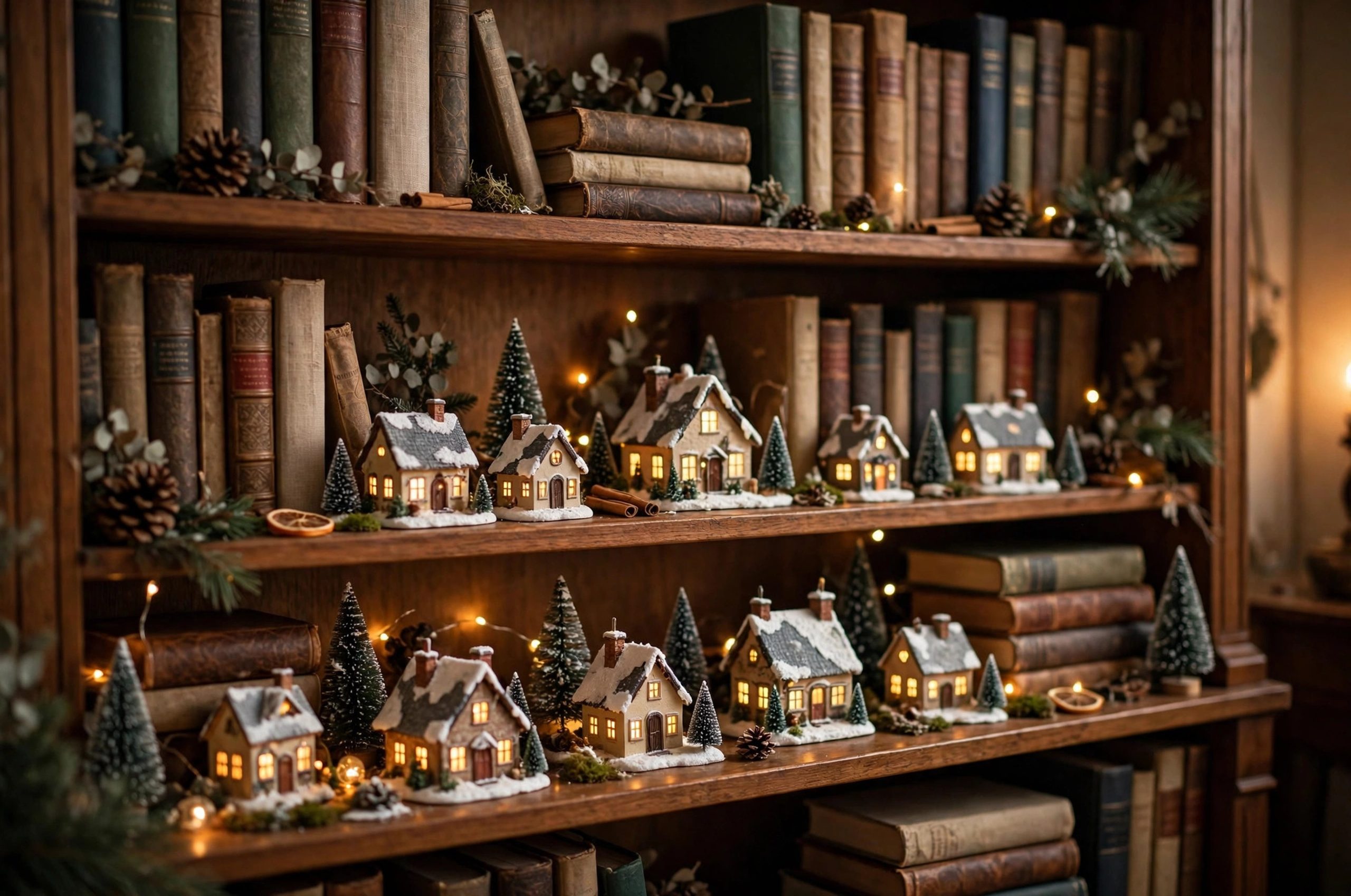 Arrange a Christmas Village on Bookshelf: Christmas village arranged on a bookshelf with glowing houses