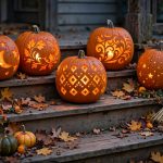 Keep Halloween Pumpkins from Rotting: Carved Halloween pumpkins on porch steps glowing at dusk