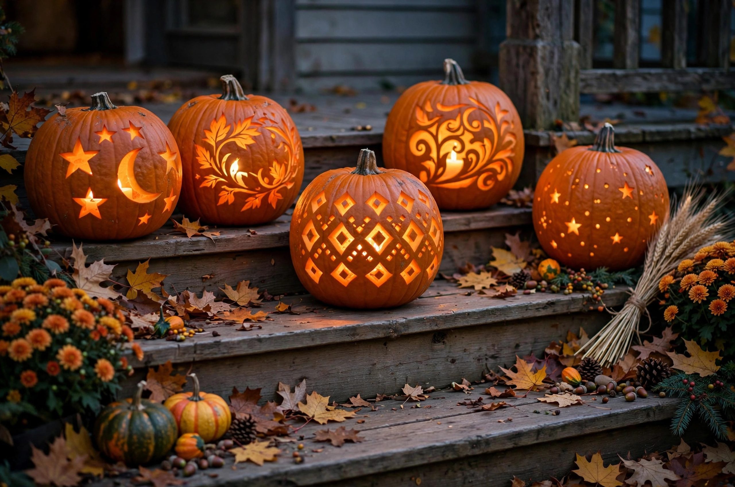 Keep Halloween Pumpkins from Rotting: Carved Halloween pumpkins on porch steps glowing at dusk
