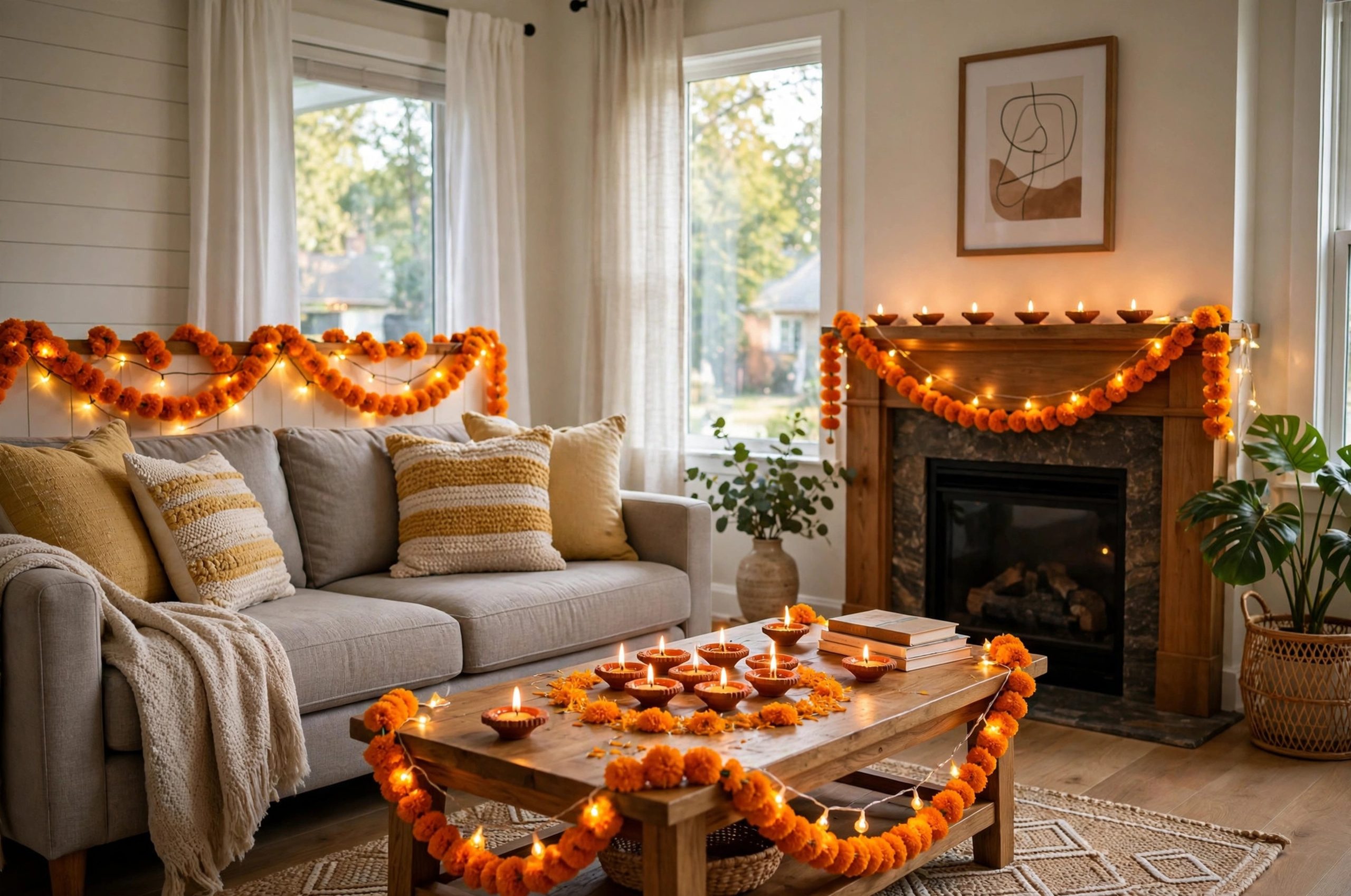 Decorate for Diwali in American Home: American living room decorated for Diwali with glowing diyas and marigolds