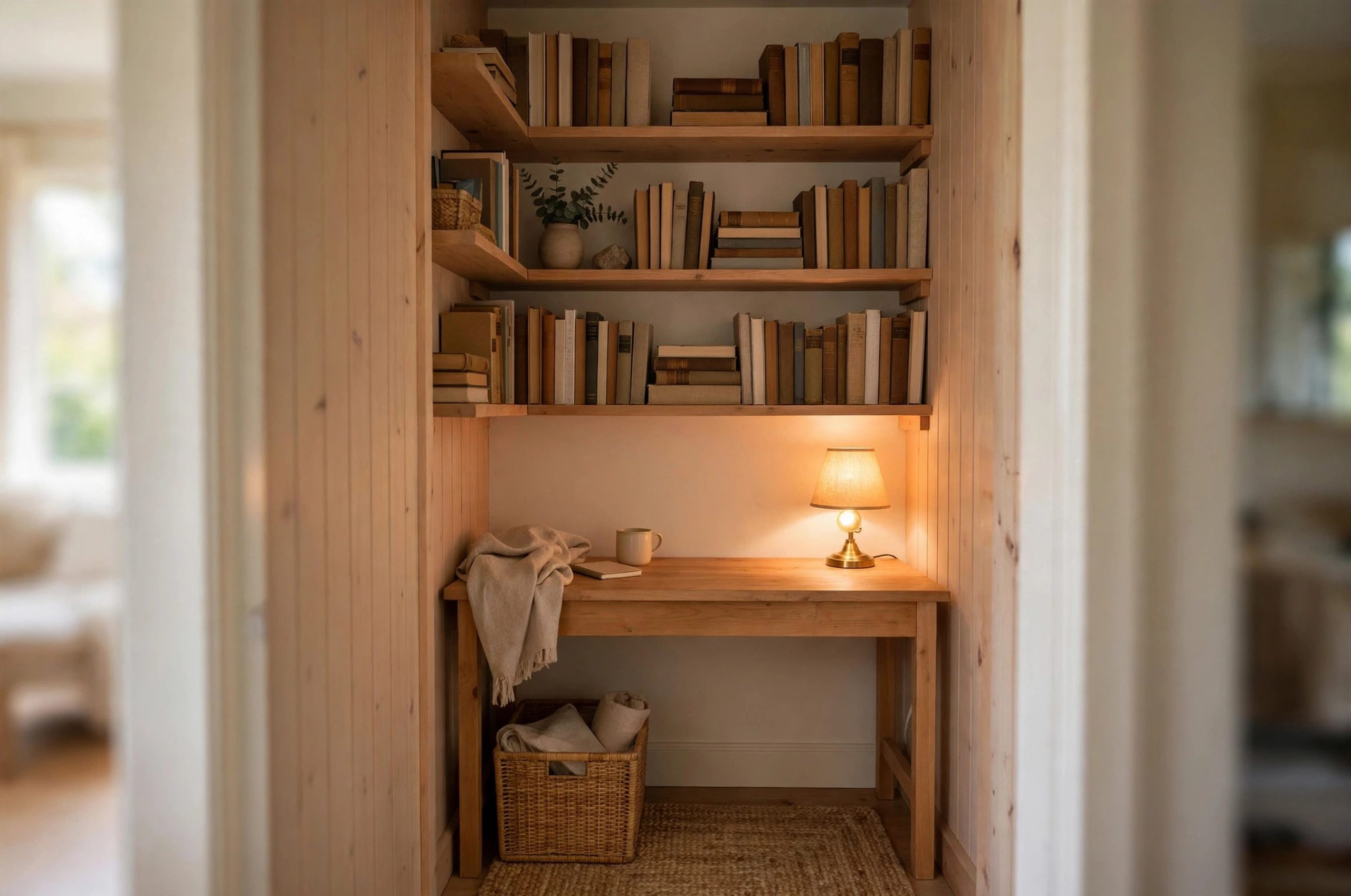 Turning a closet into a cozy work nook with desk and shelves