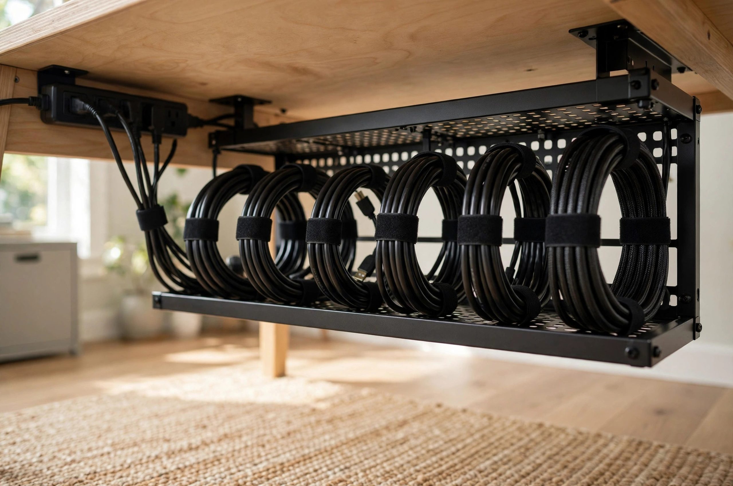 Labeling desk cables for painless troubleshooting under a tidy desk