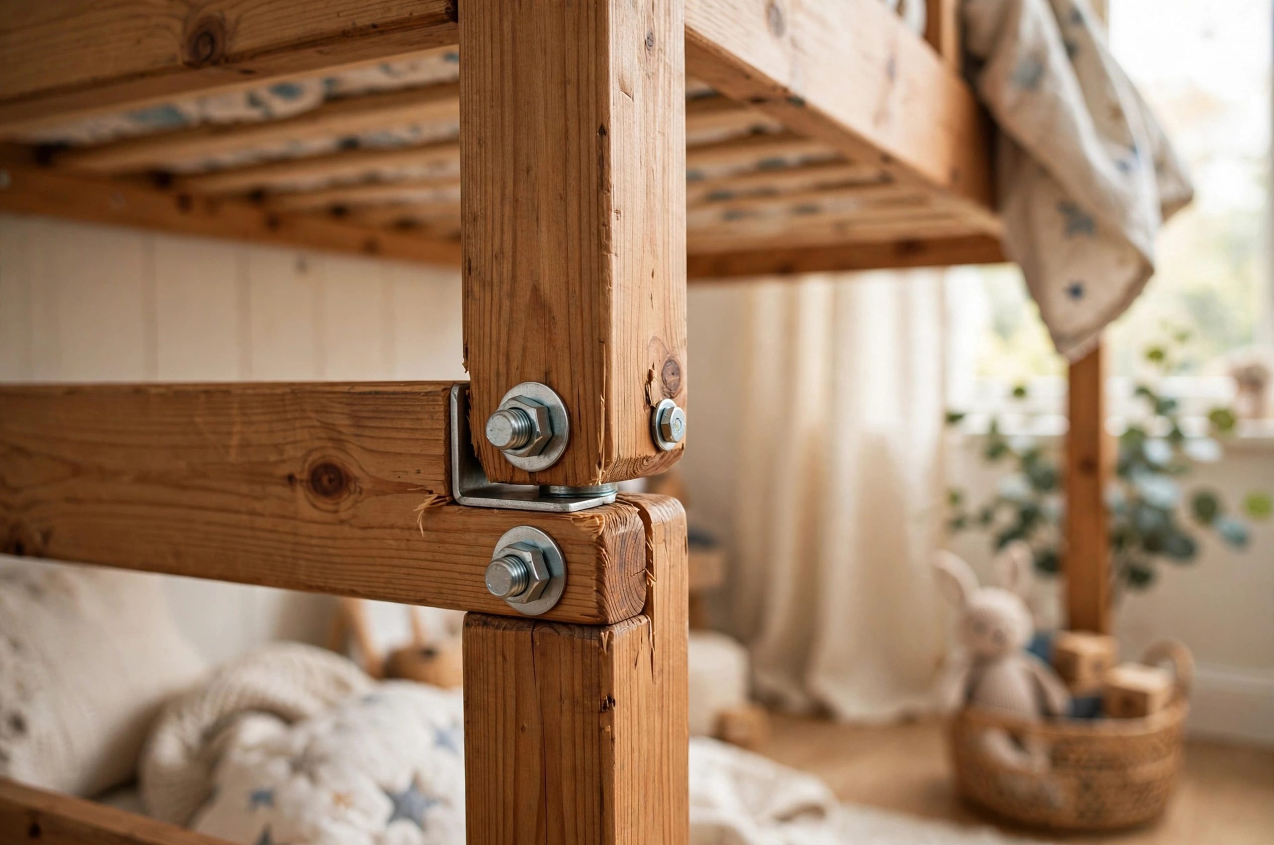 Bunk Bed Squeaking at Night: Wooden bunk bed frame in a quiet kids bedroom at night