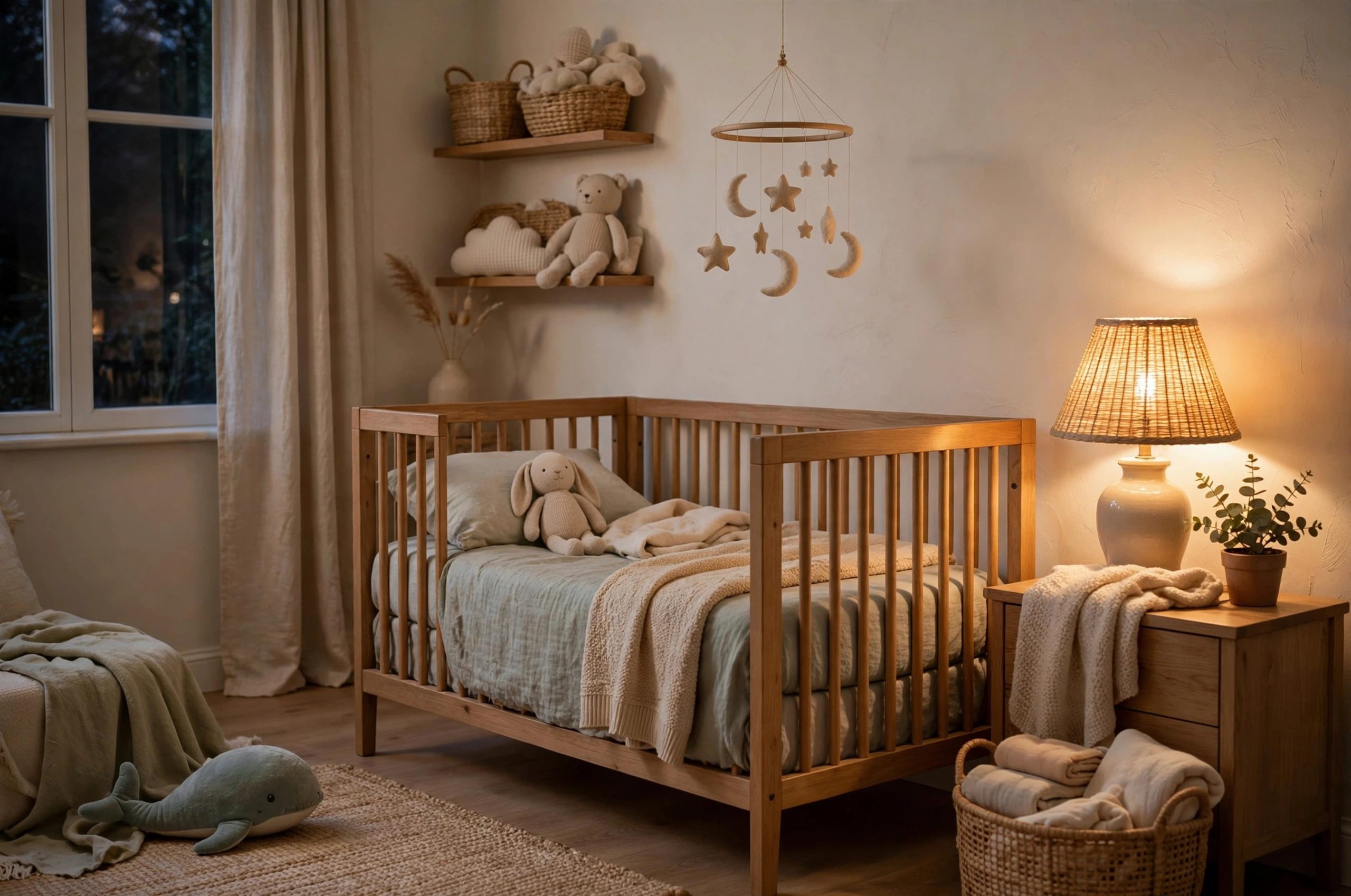 Bedtime Wind Down Ideas for Nursery: Calm nursery at bedtime with soft lamplight for gentle wind down