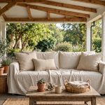 outdoor sofa slipcover in neutral fabric on a covered porch