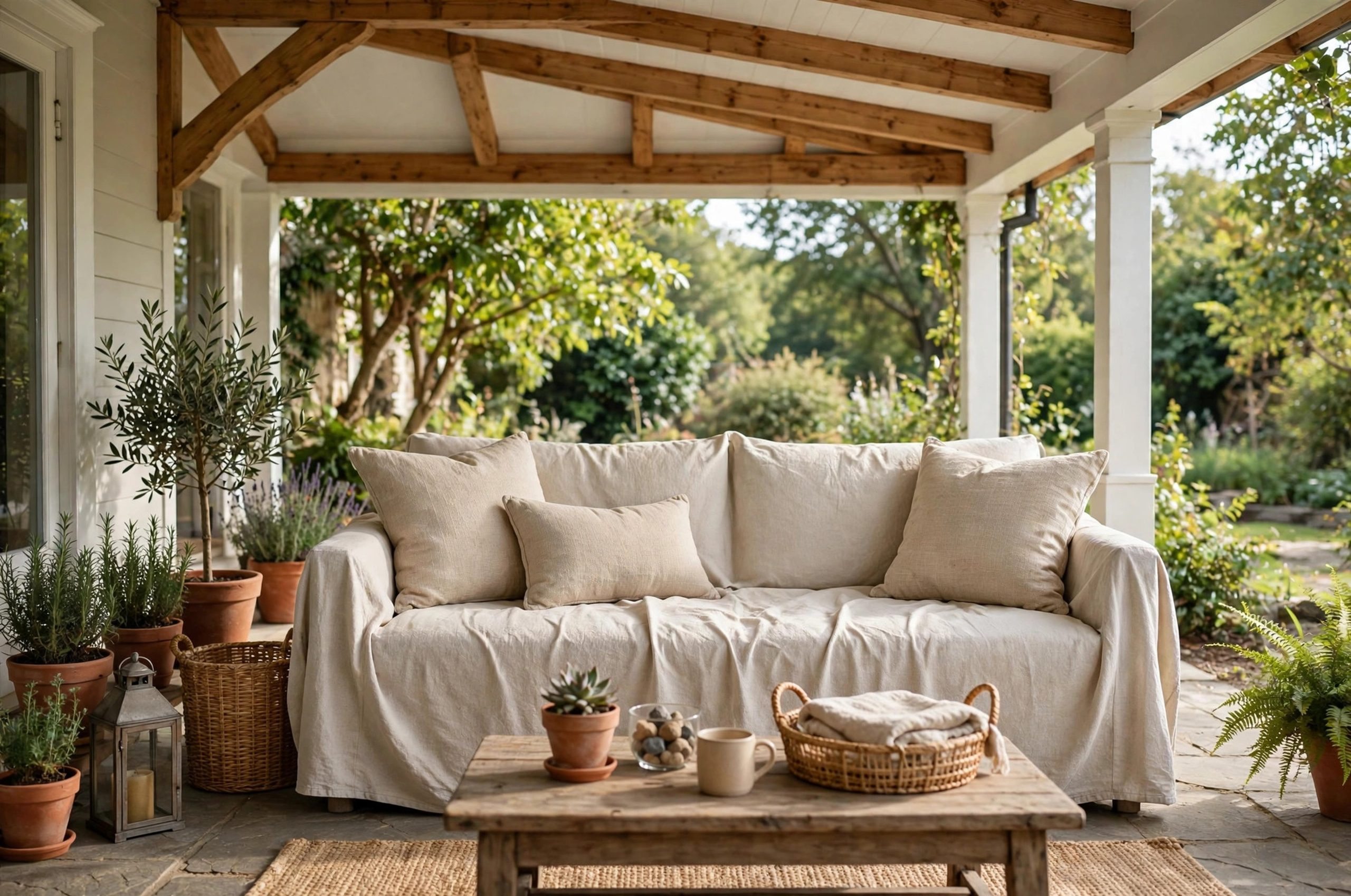 outdoor sofa slipcover in neutral fabric on a covered porch