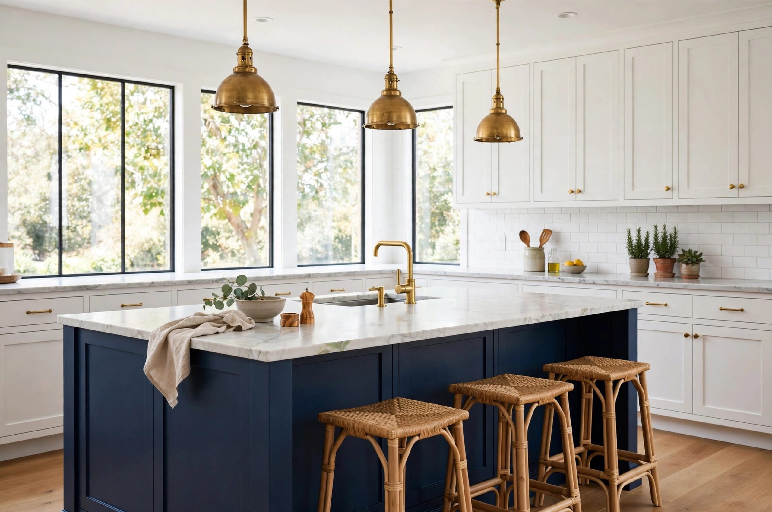 Paint a Kitchen Island a Bold Color: Kitchen island painted bold navy blue with white cabinets