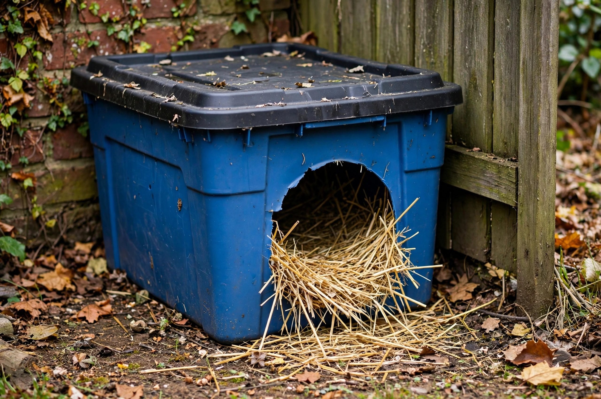 Warm Shelter for Neighborhood Strays: Insulated winter shelter for stray cats made from storage tote