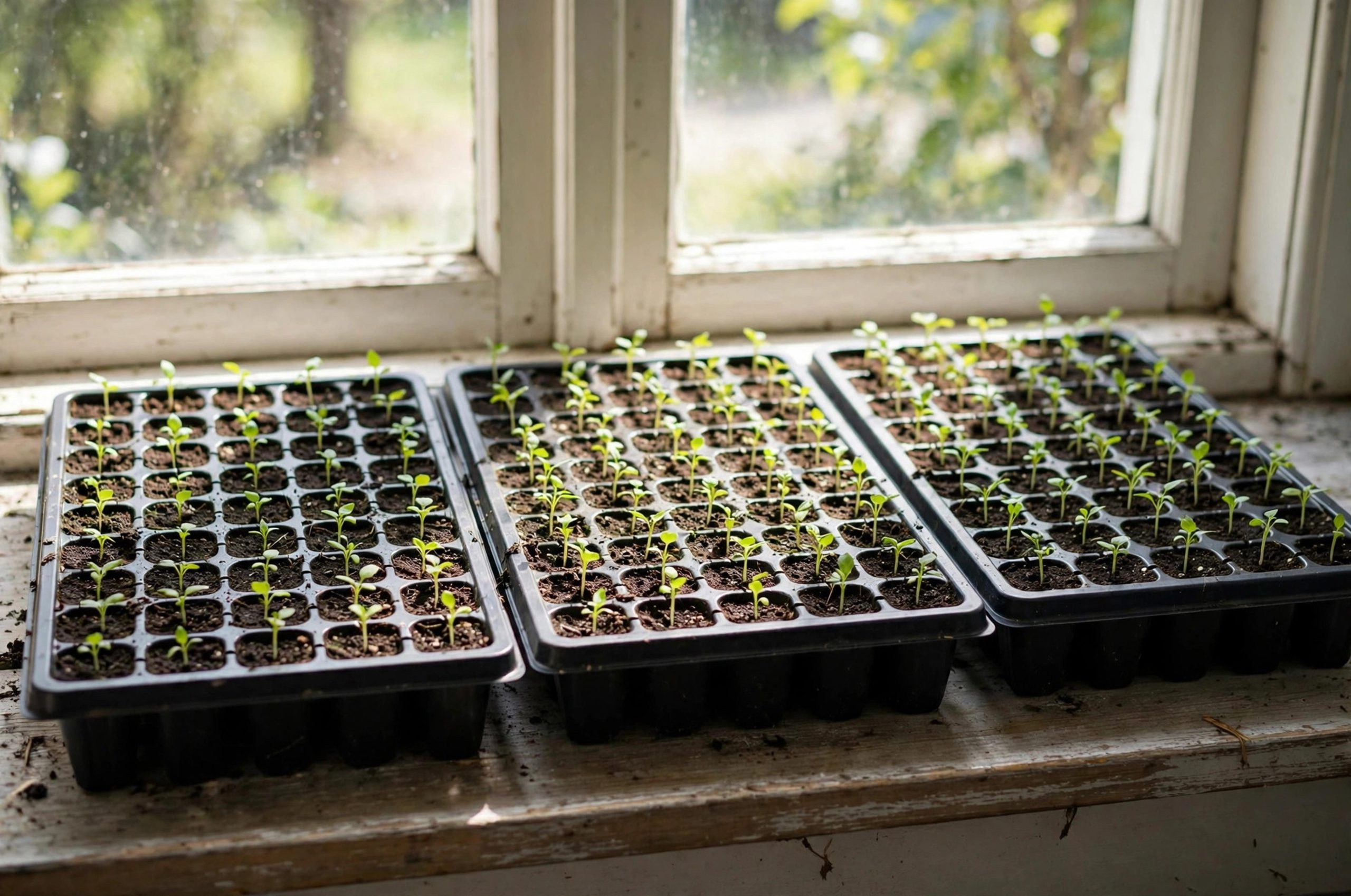 Seedling trays with peat free seed starting mix on a windowsill