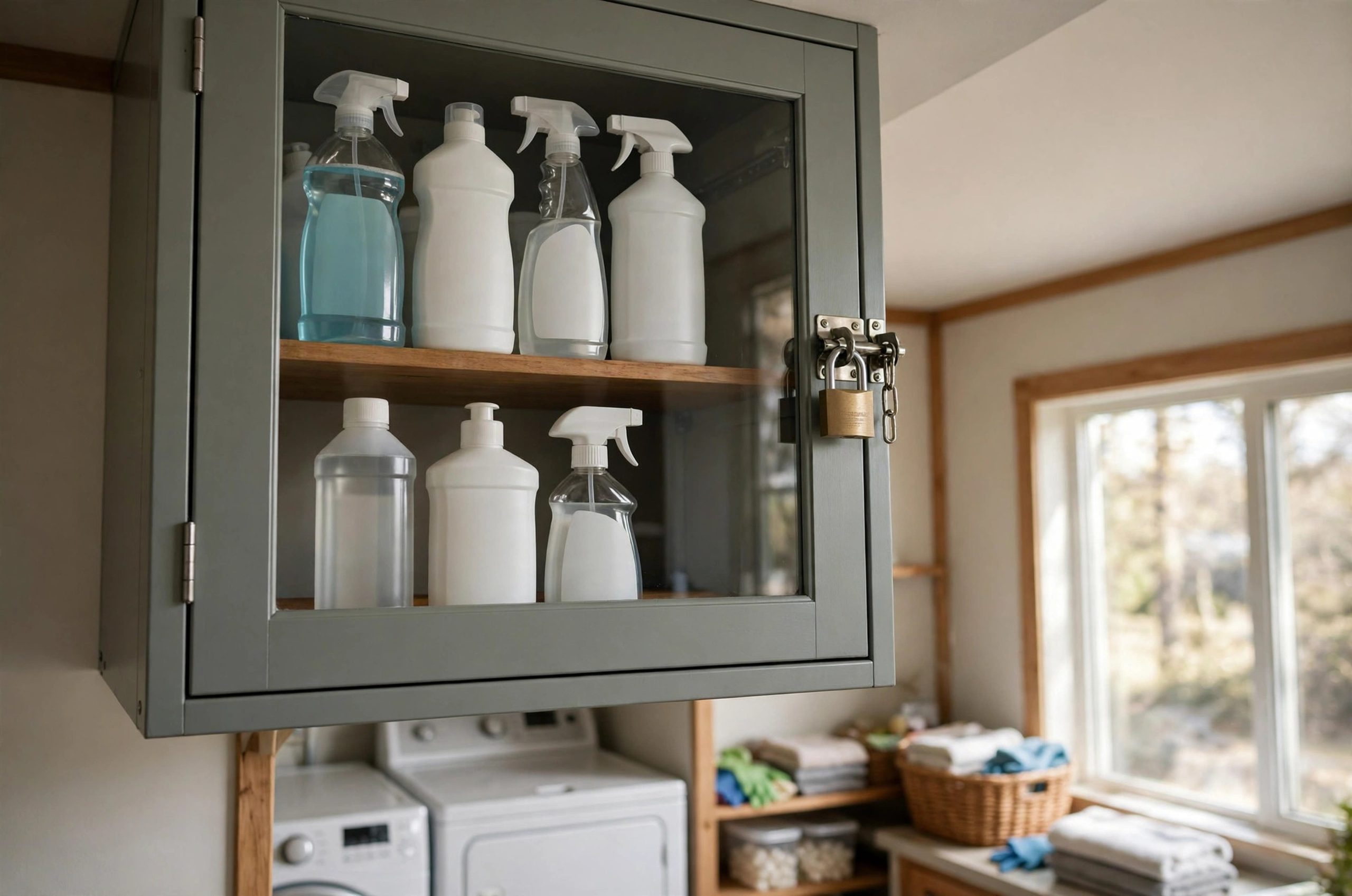 Store Cleaning Supplies: Cleaning supplies stored safely in a locked cabinet away from kids