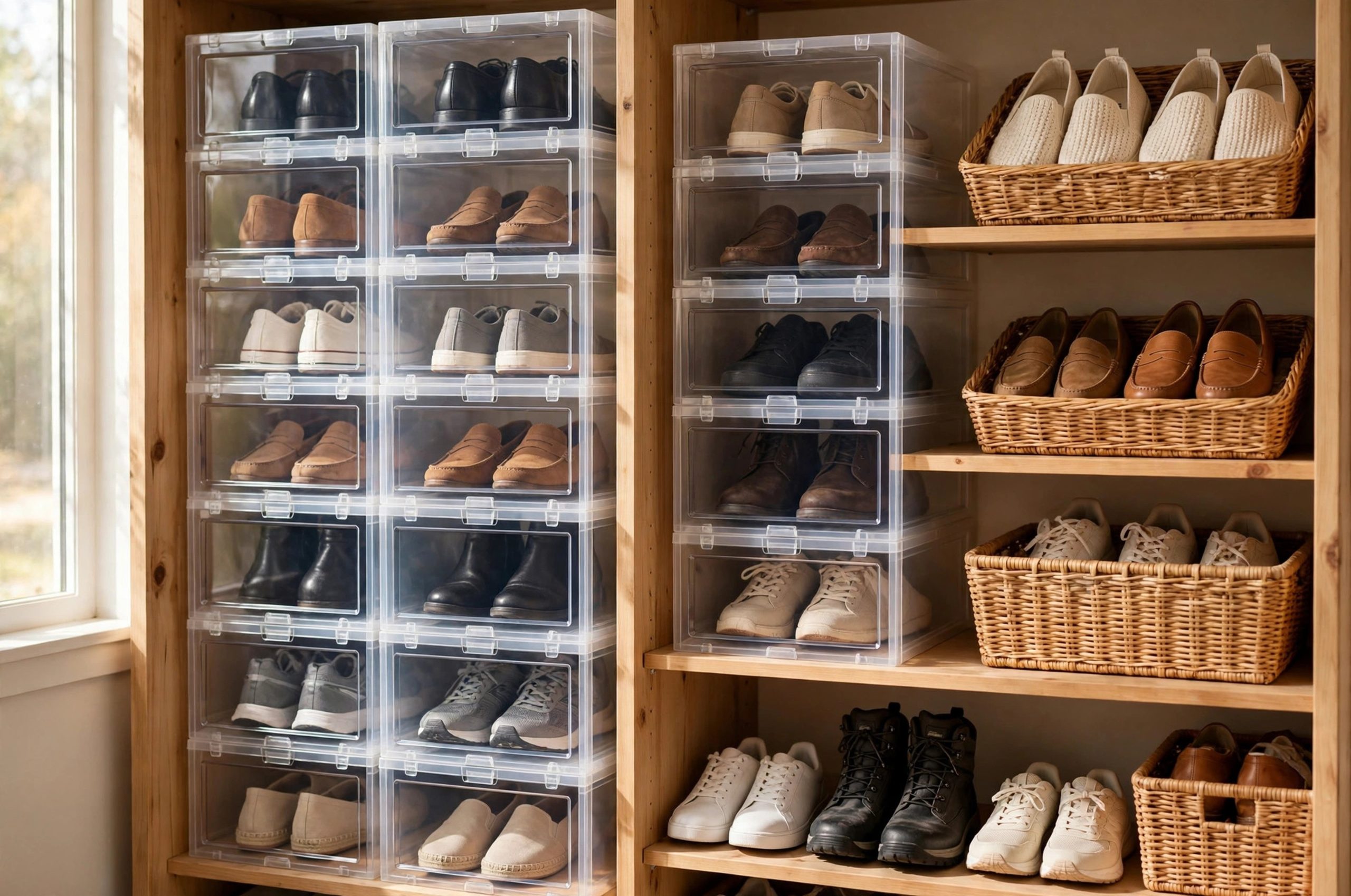 How to store shoes without a shoe rack using bins and shelves