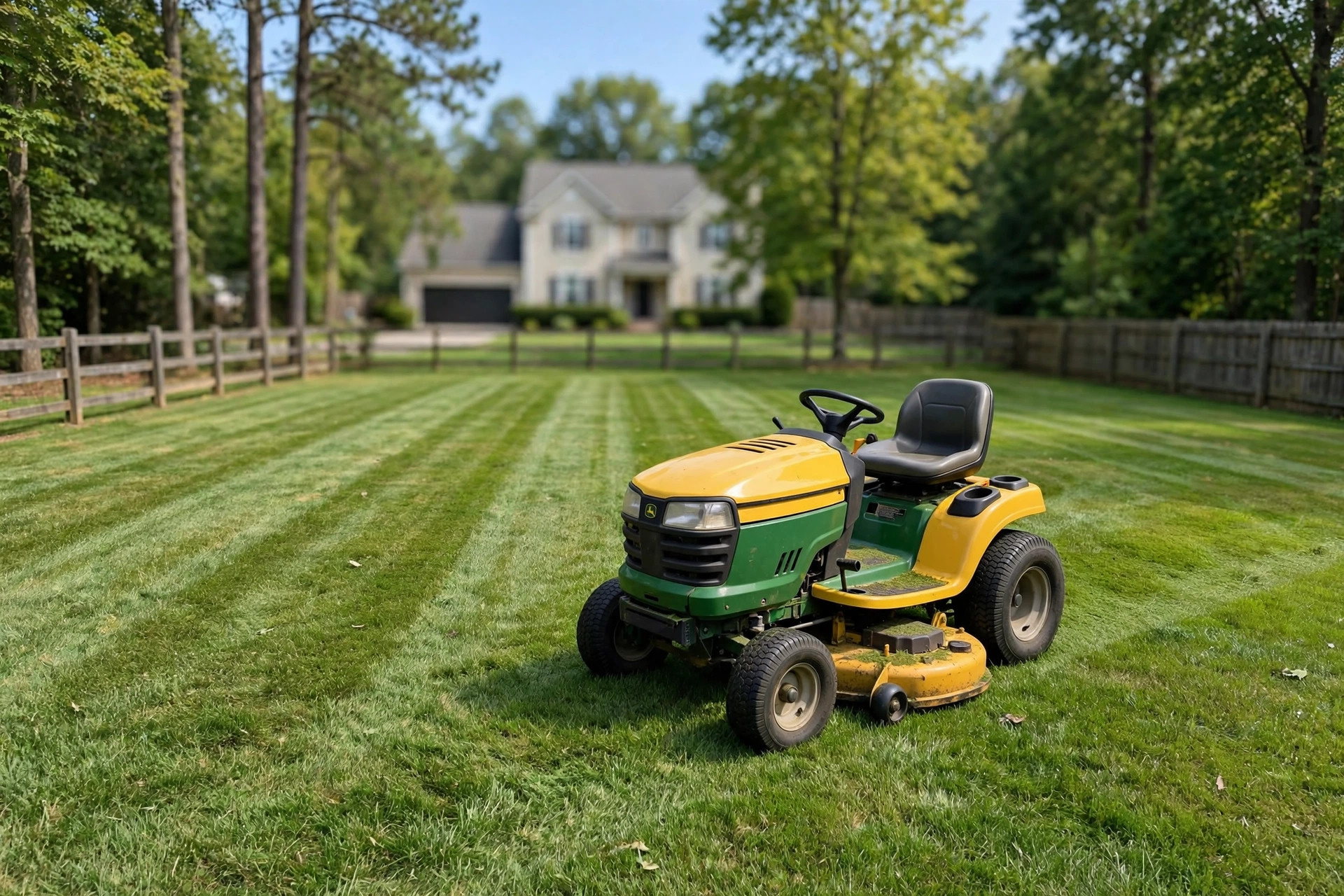 Best riding lawn mower for one acre lots parked on a suburban lawn