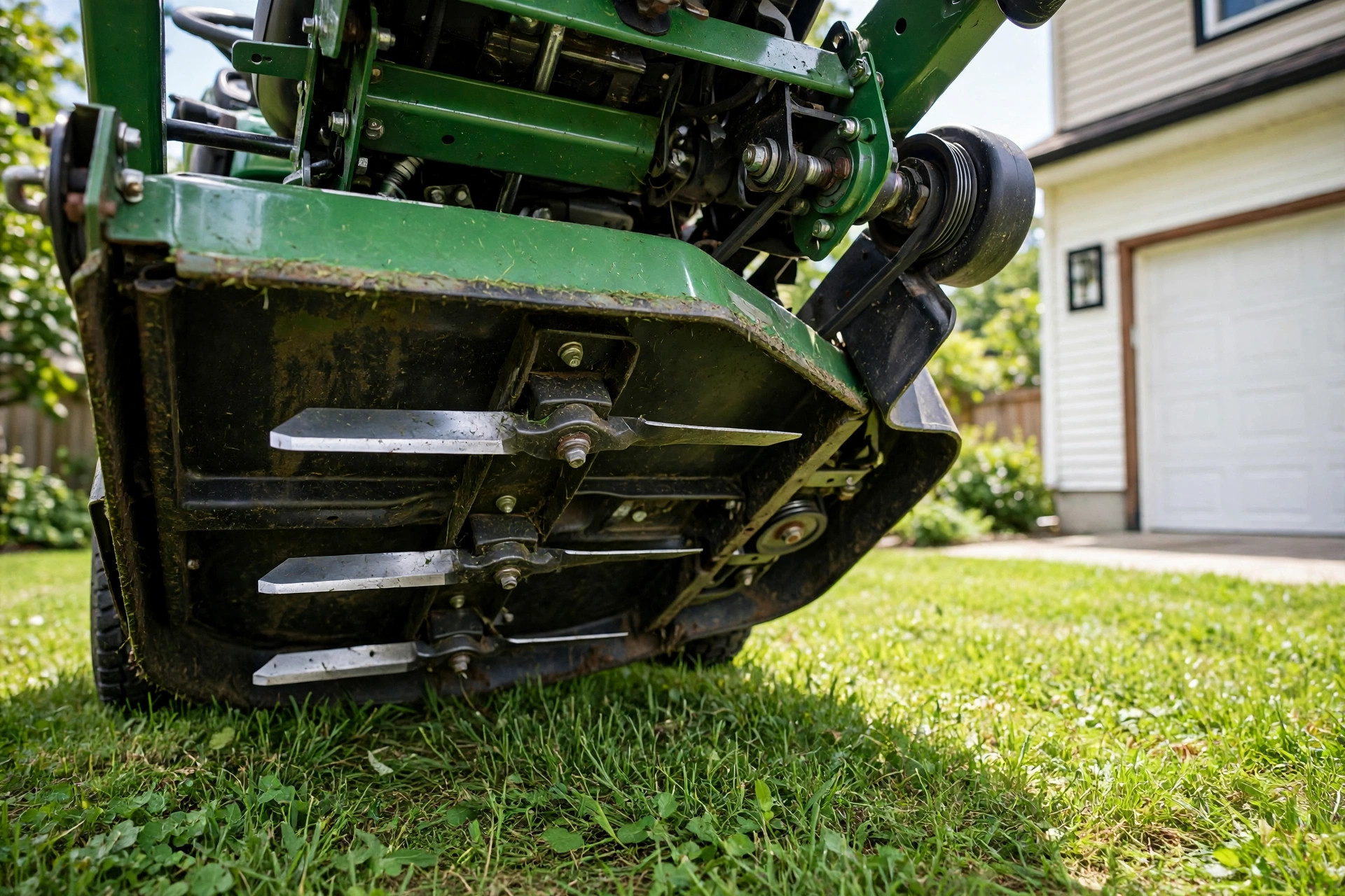 A riding lawn mower parked on a green suburban lawn, where to buy lawn mower blades near me