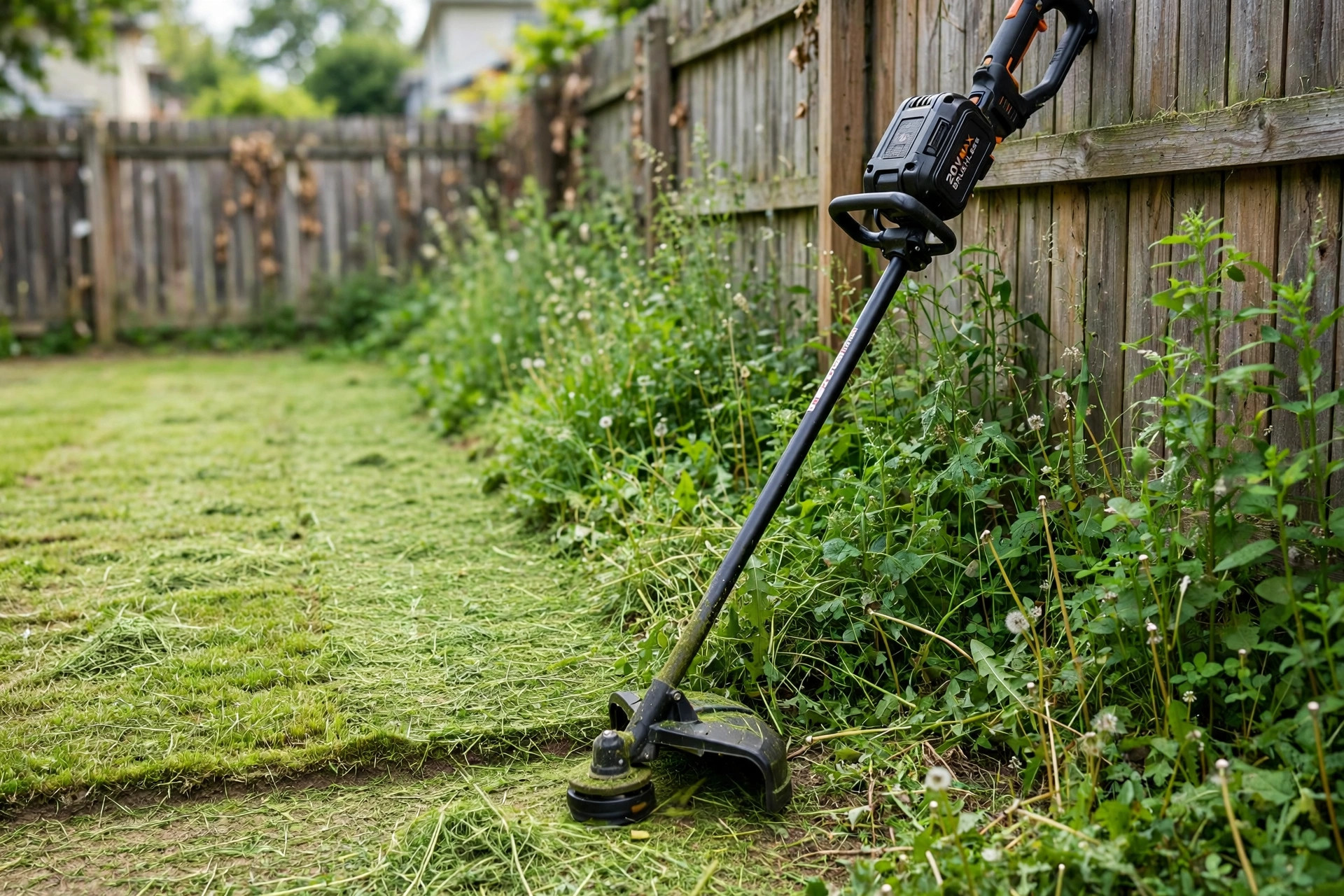 A top rated string trimmer for thick weeds resting on a lawn edge near tall weeds