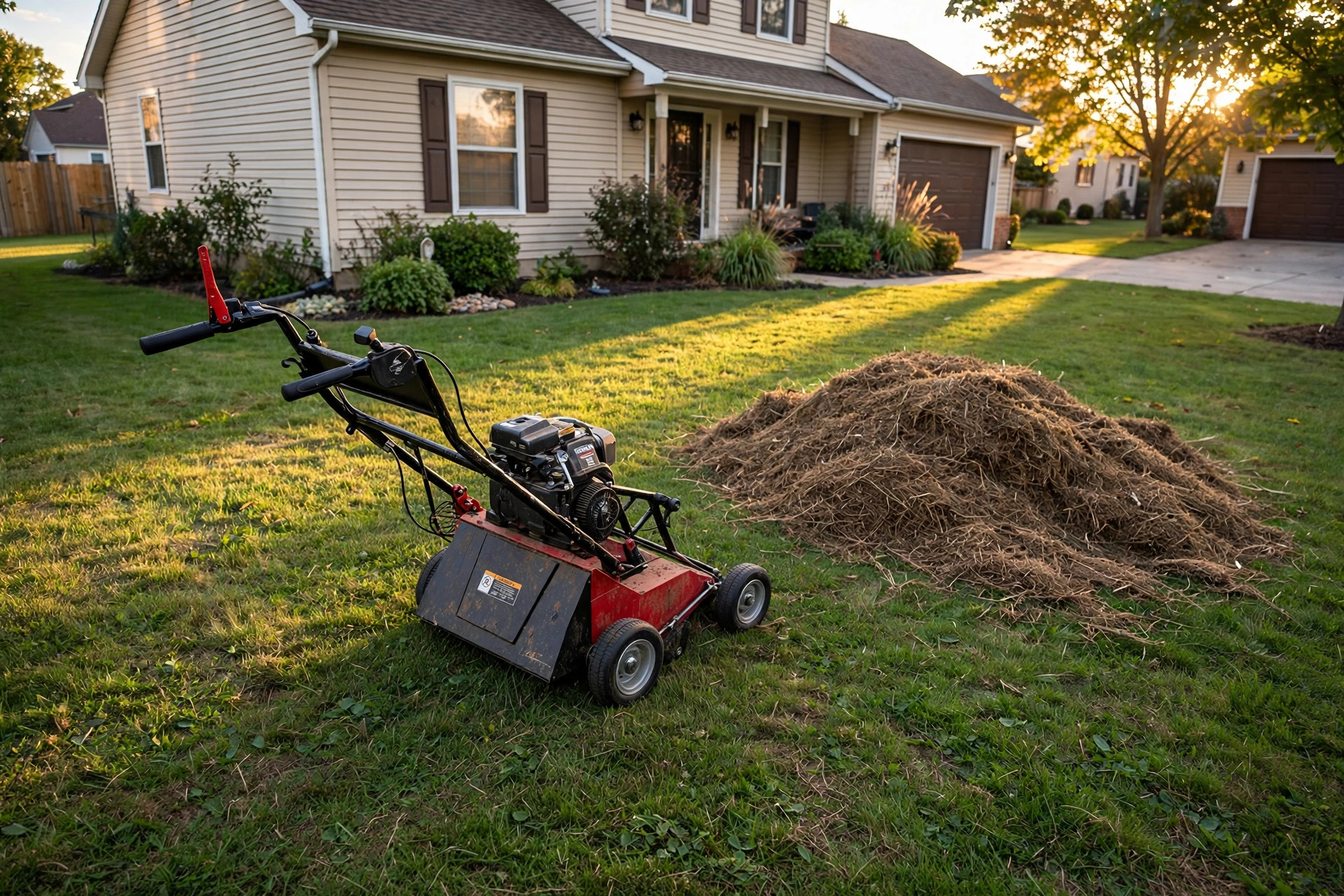 lawn dethatcher rental prices near me: A walk-behind power dethatcher resting on a green suburban lawn next to rows of freshly loosened thatch