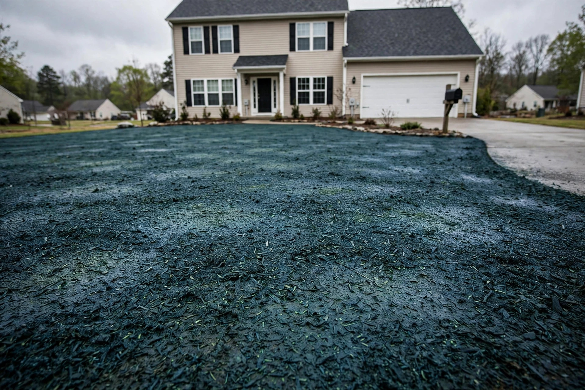 hydroseeding cost per square foot usa: Freshly hydroseeded lawn in an American front yard