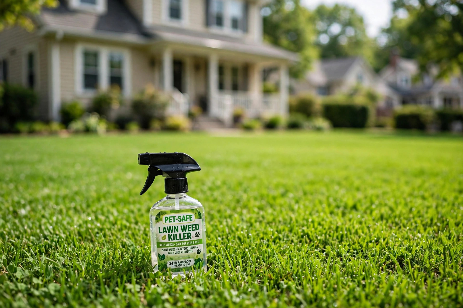 pet safe lawn weed killer reviews: Green suburban lawn treated with pet safe lawn weed killer, no pets in the yard