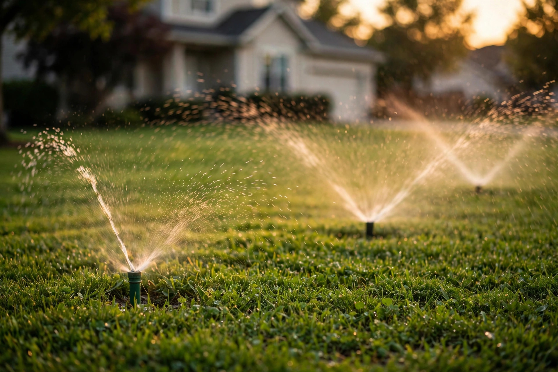 how to install pop up sprinklers yourself: Pop up sprinkler heads spraying water over a green lawn