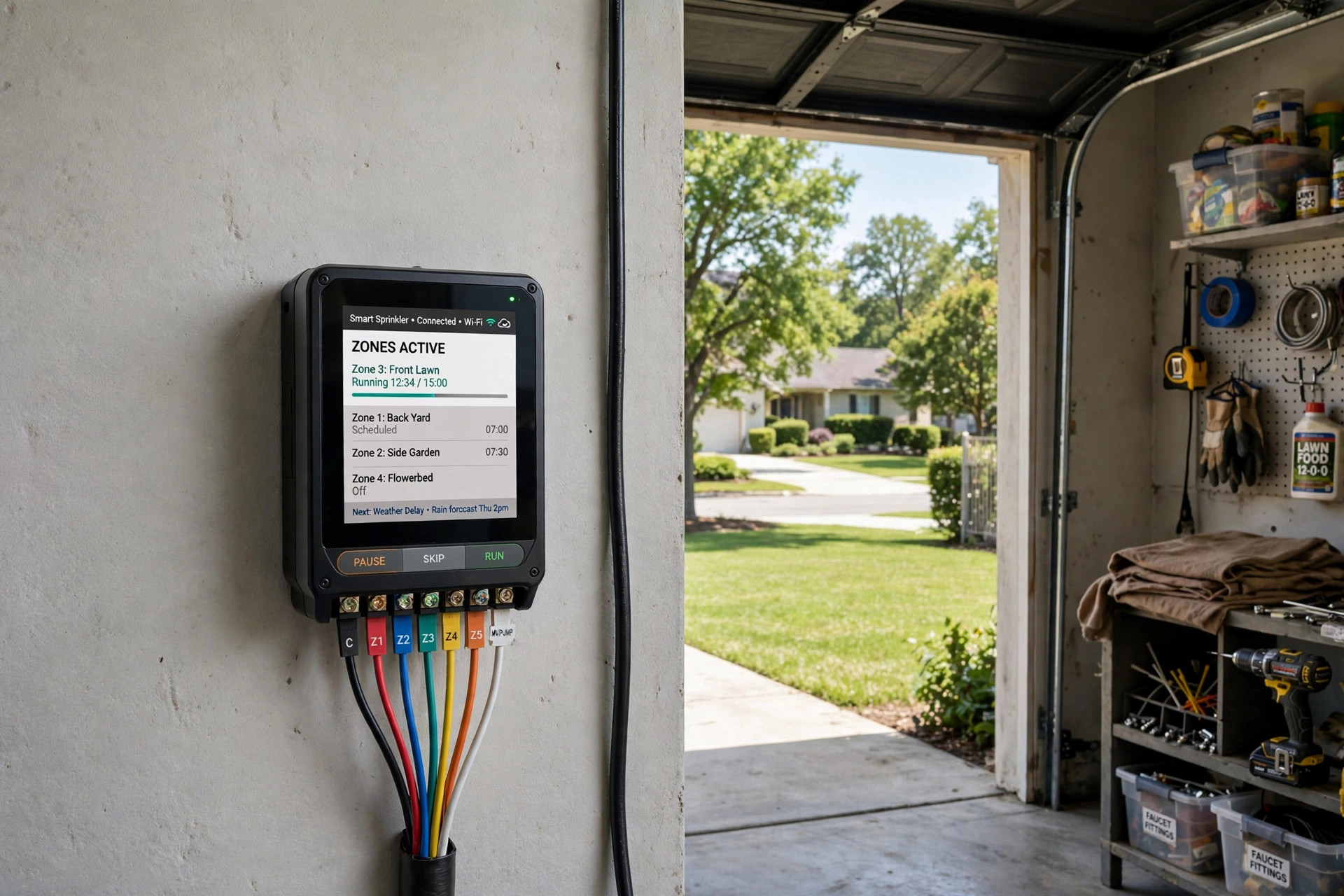 smart sprinkler controller for usa homes: A smart sprinkler controller mounted on a garage wall beside a green American lawn