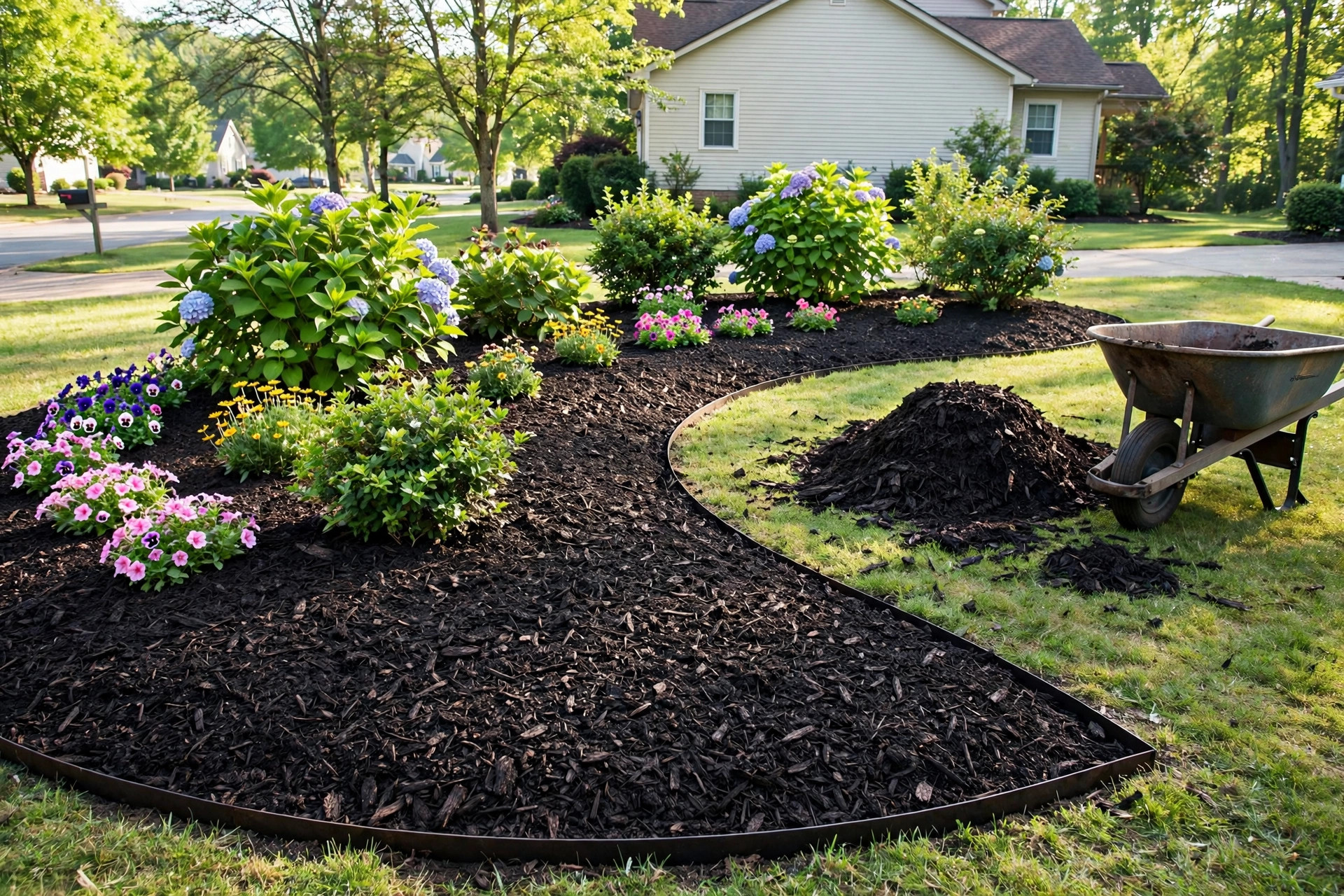 best mulch for flower beds bulk delivery: Fresh bulk mulch for flower beds delivered in a pile by the driveway
