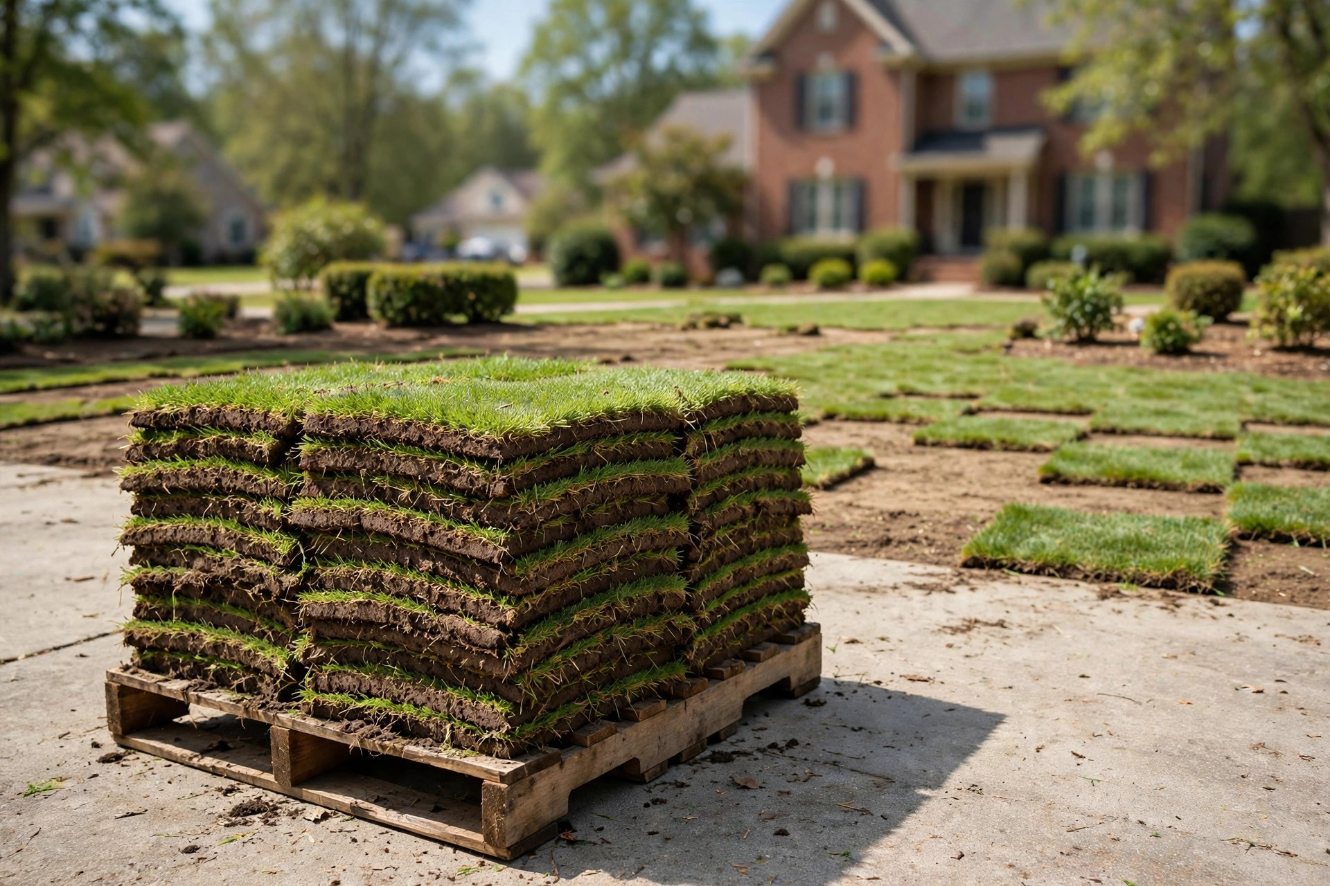 cheap sod installation cost per pallet: Fresh sod rolls stacked on a pallet in front of a newly laid green lawn