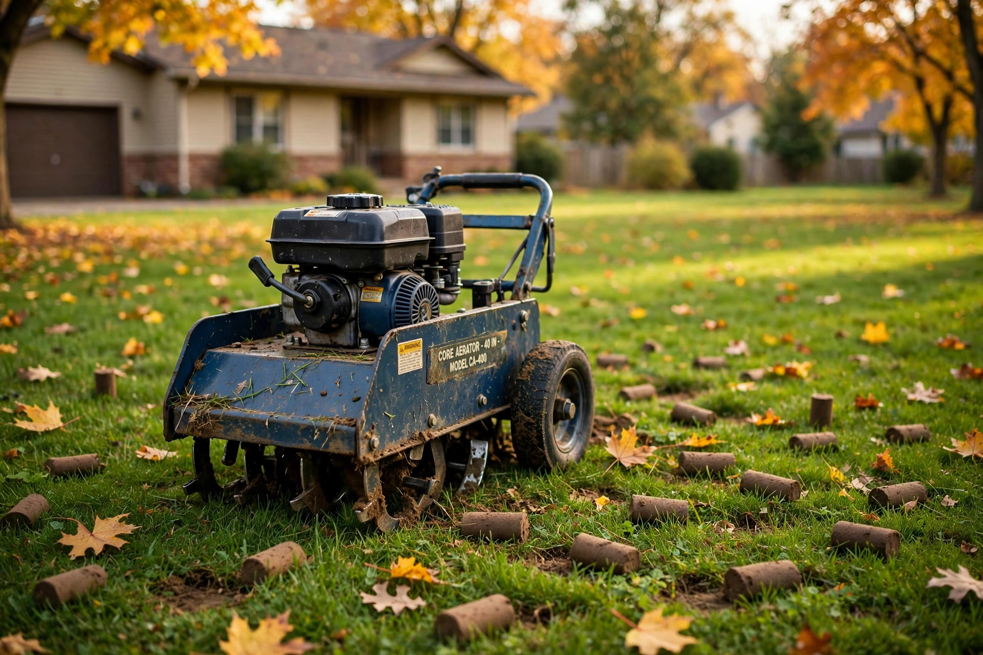 best time to aerate lawn in midwest: Lawn aerator on a green Midwestern lawn with fresh soil plugs
