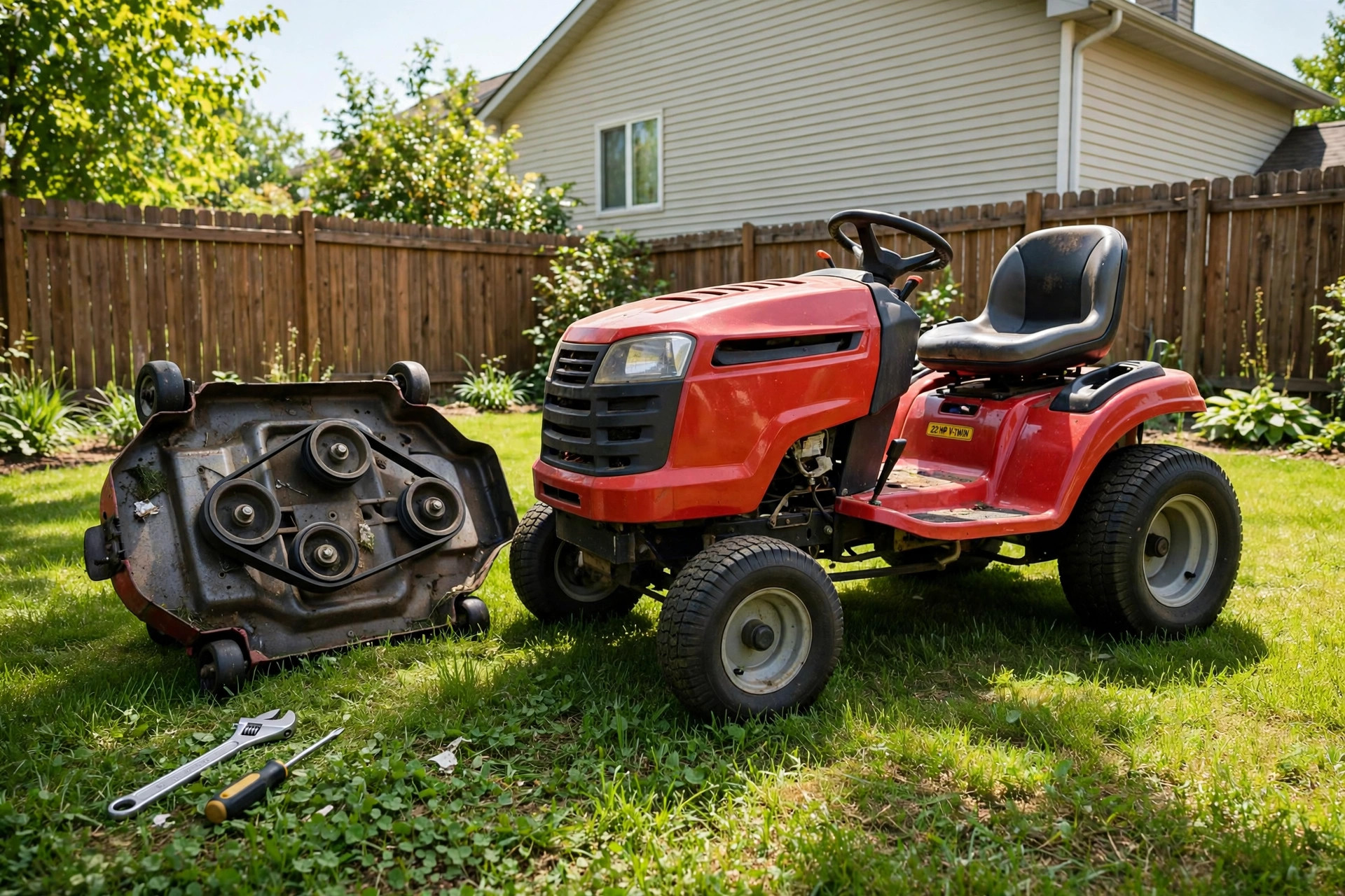 Riding mower deck belt replacement guide with mower deck on a lawn