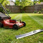 A sharp blade from a lawn mower blade sharpening service near me, mounted on a push mower in a green yard