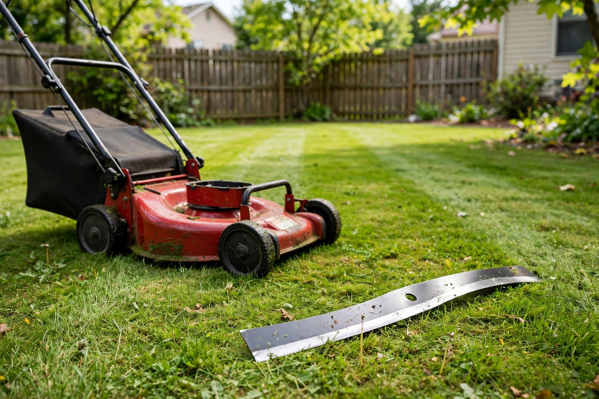 A sharp blade from a lawn mower blade sharpening service near me, mounted on a push mower in a green yard