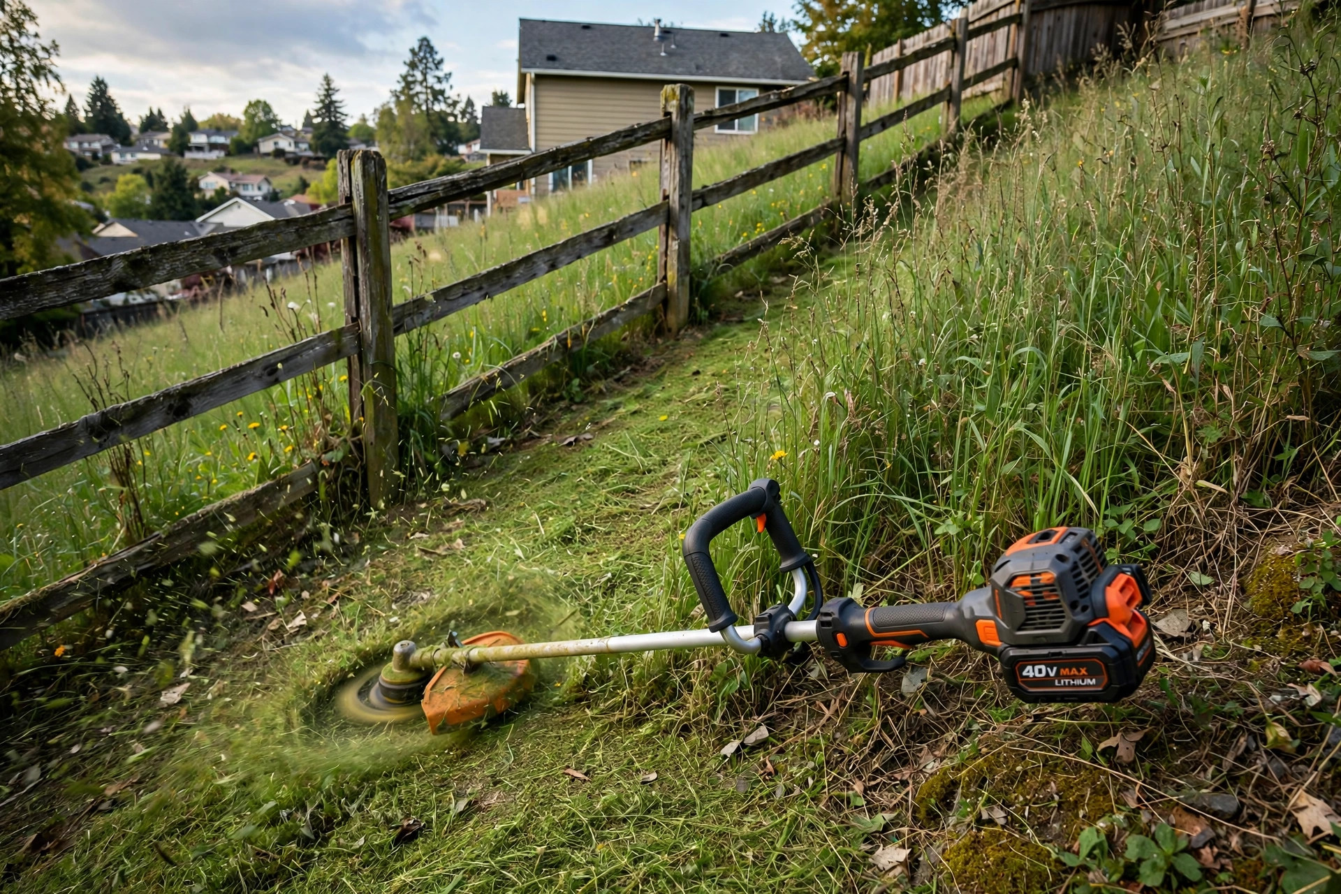 Fence line trimmer for steep slopes cutting grass along a hillside fence