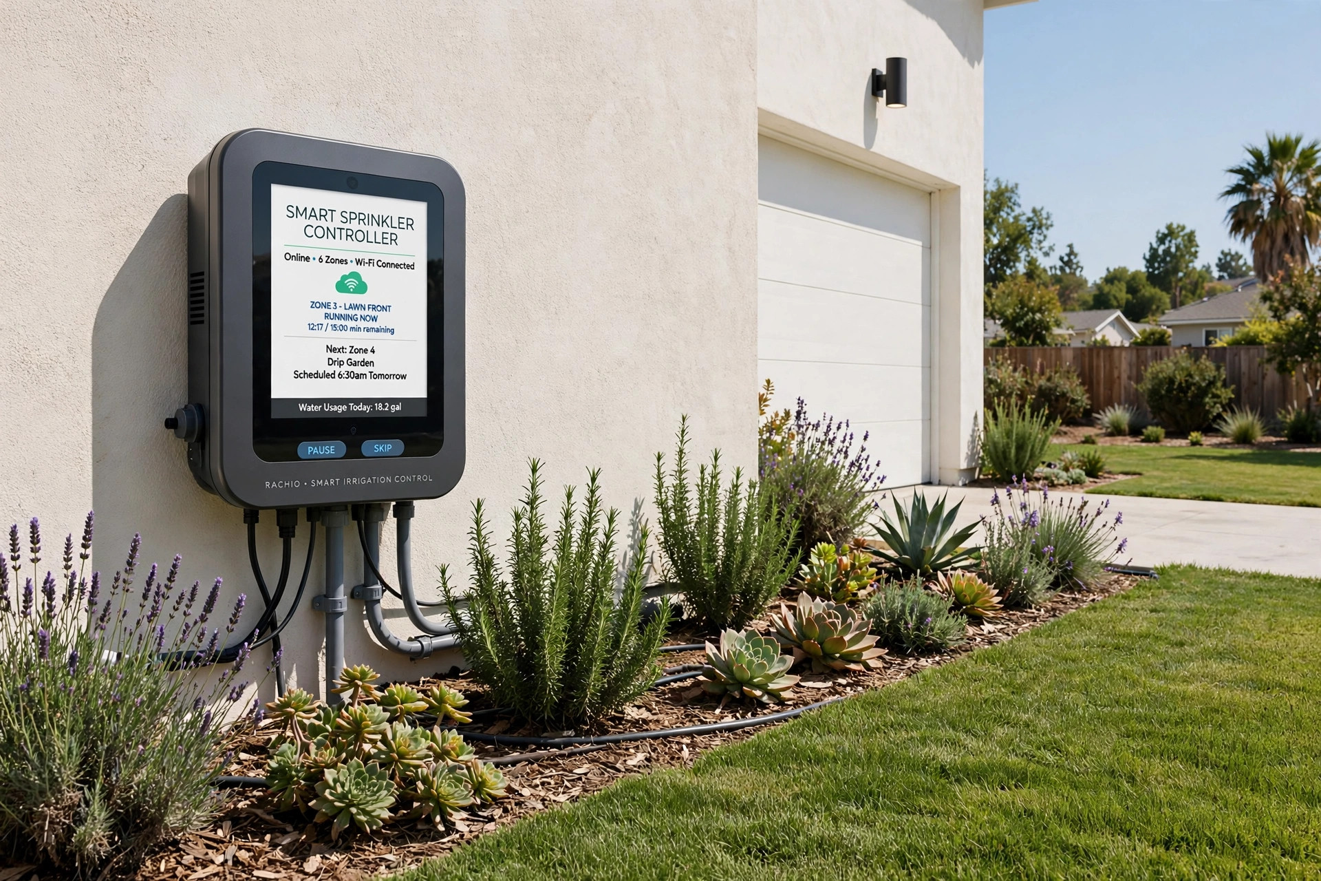 smart sprinkler timer rebates for california homes: A smart sprinkler timer mounted on a wall in a California home yard with green lawn