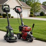 cordless edger vs gas edger comparison guide: A cordless and a gas lawn edger side by side on a tidy suburban driveway edge