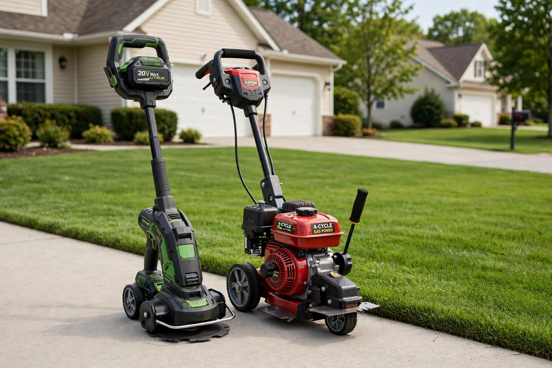 cordless edger vs gas edger comparison guide: A cordless and a gas lawn edger side by side on a tidy suburban driveway edge
