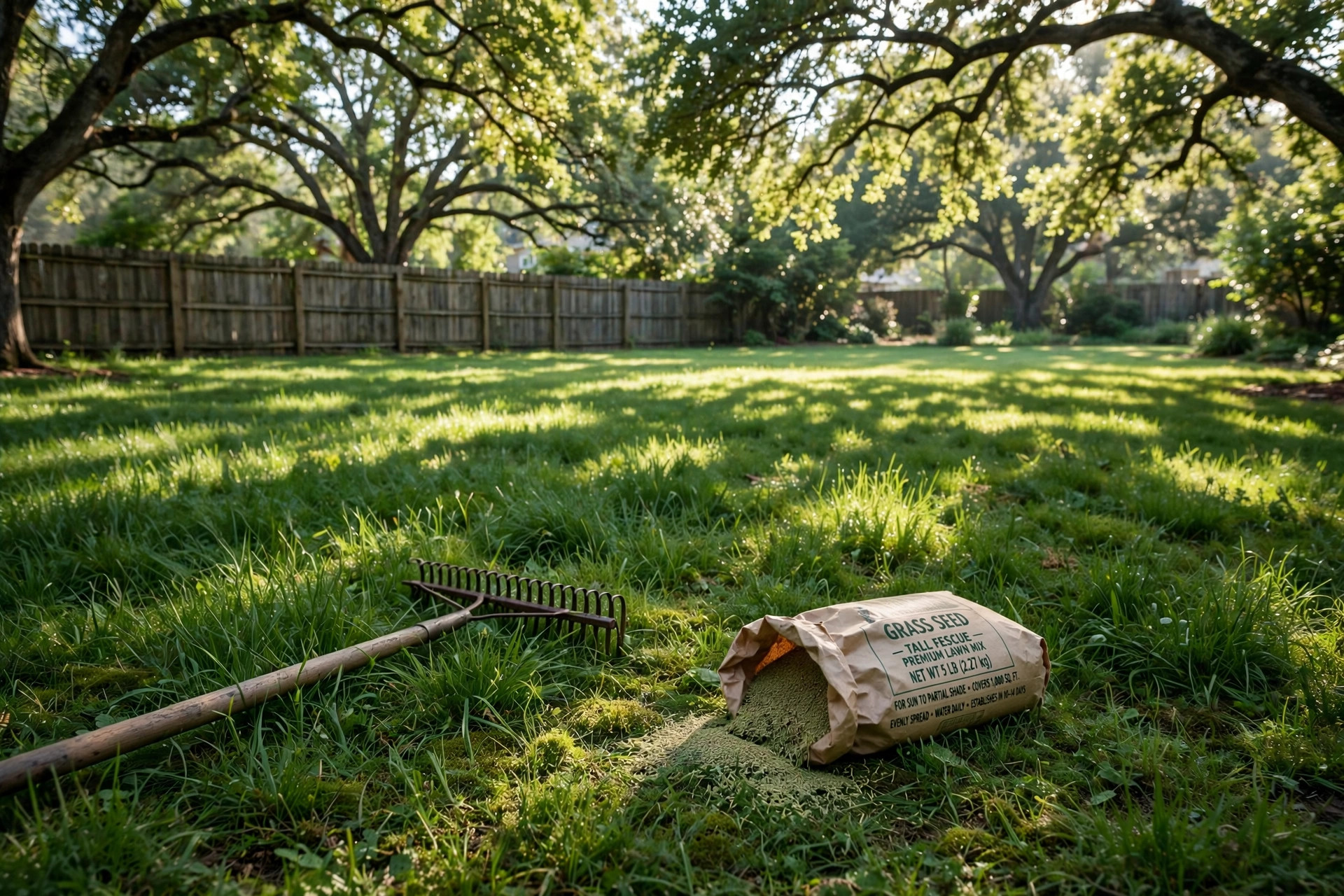 tall fescue seed for shade reviews: A lush patch of tall fescue grass growing in the dappled shade of mature trees in an American backyard