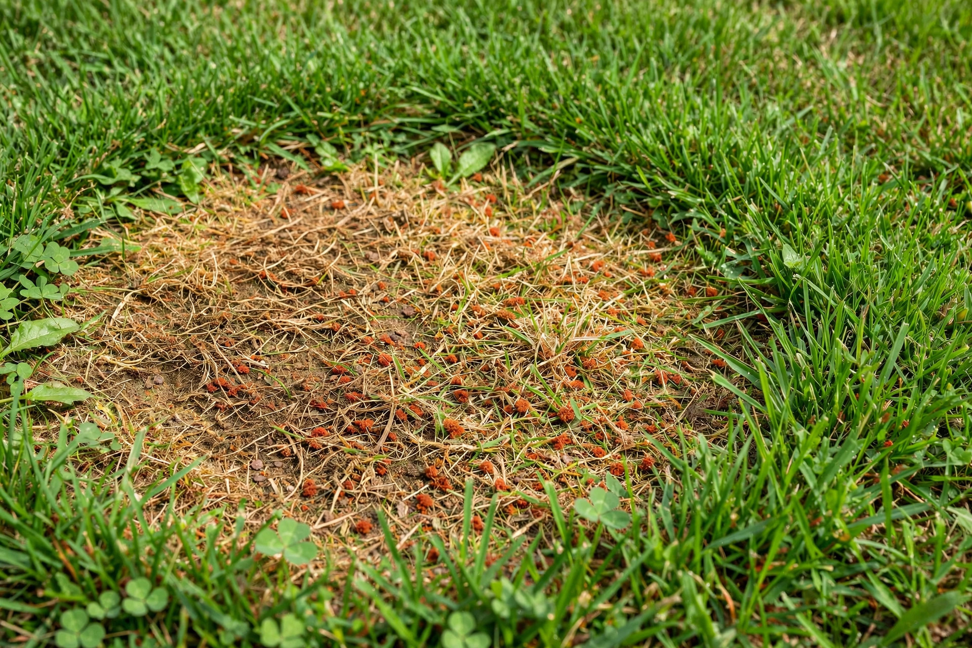 lawn fungus treatment home remedy guide: Brown dead patches of lawn fungus on green grass in an American front yard
