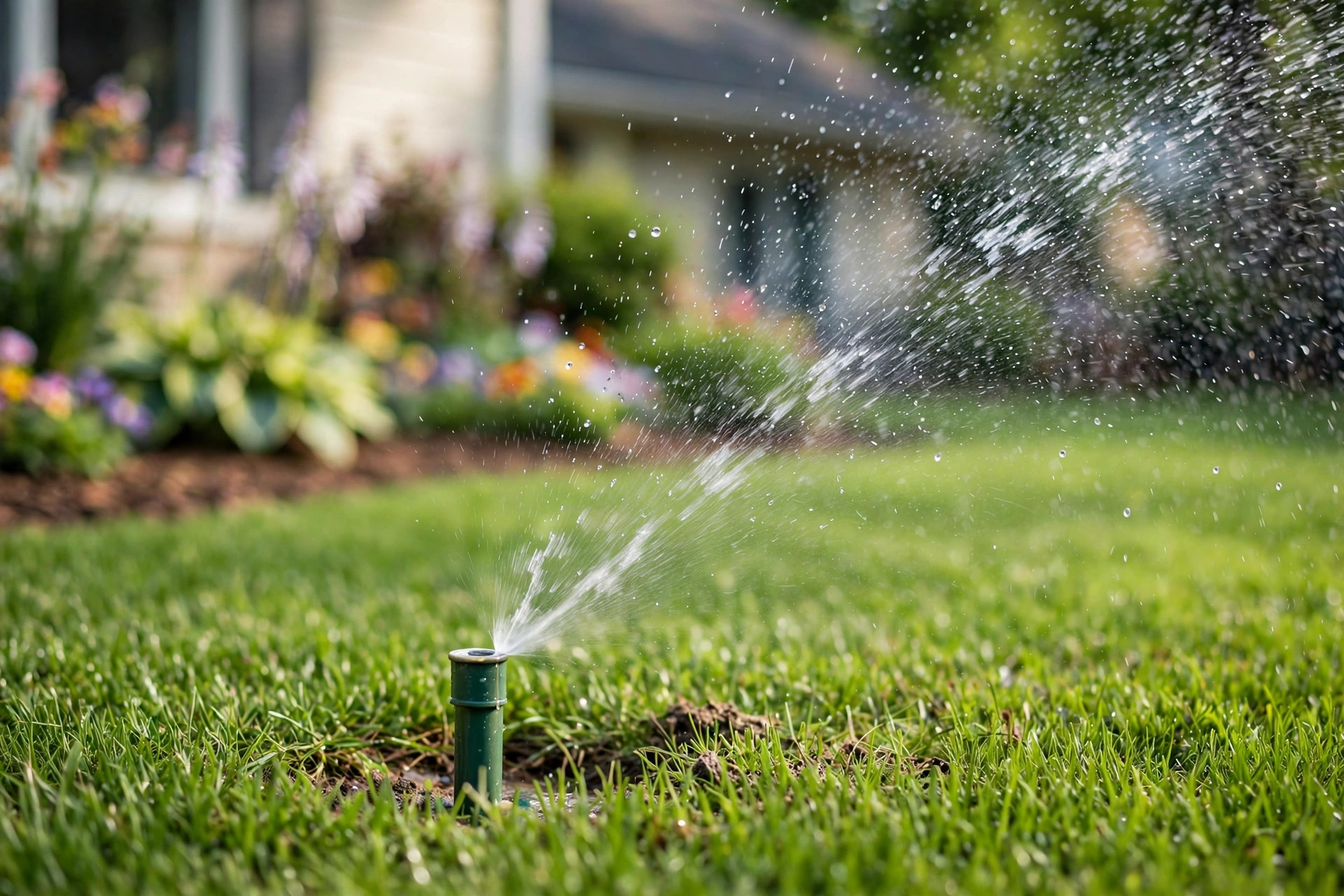 sprinkler head replacement cost estimate usa: A pop-up sprinkler head spraying water over a green American lawn