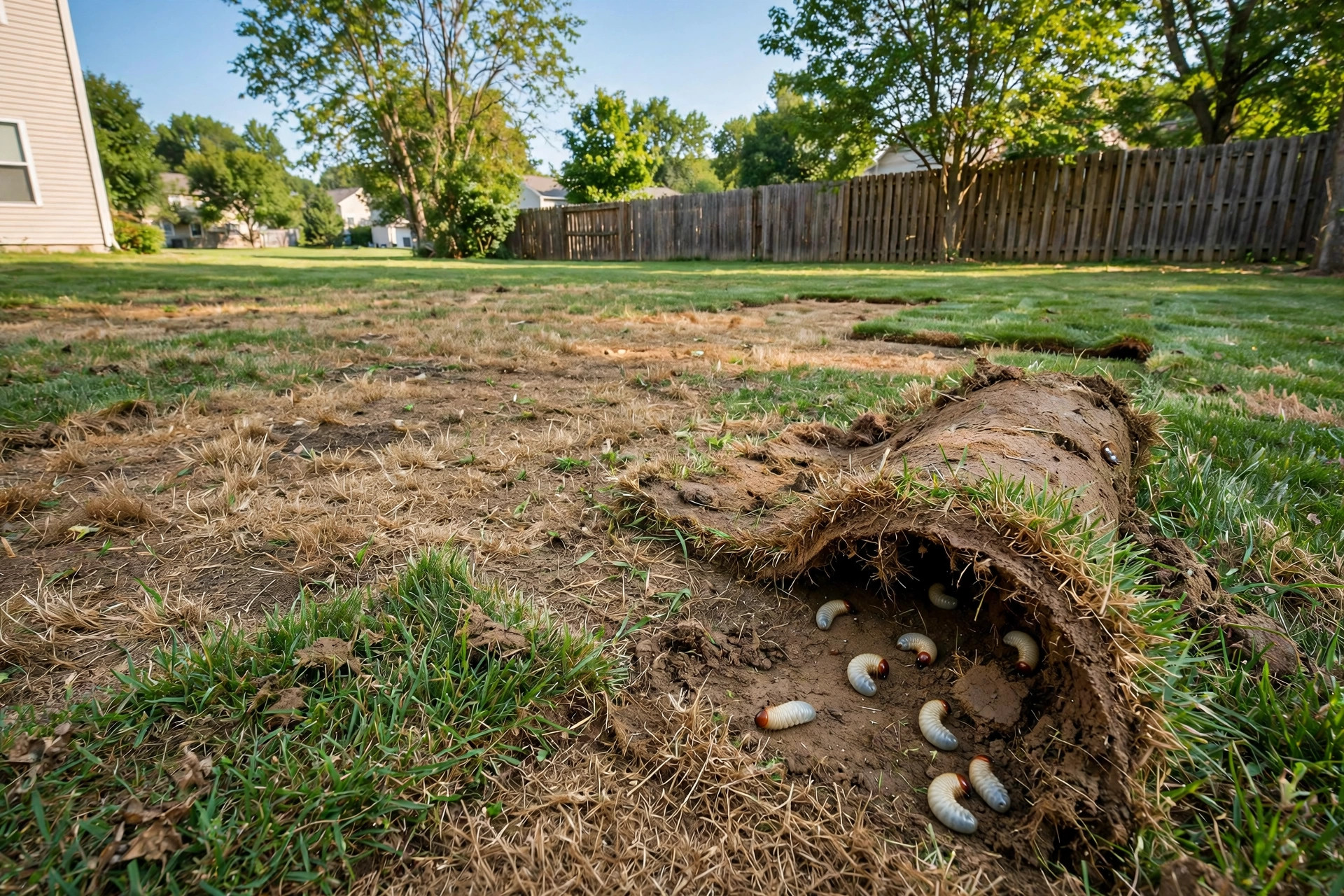 white grub treatment timing for midwest lawns: Brown patches of dead grass caused by white grubs on a Midwest lawn