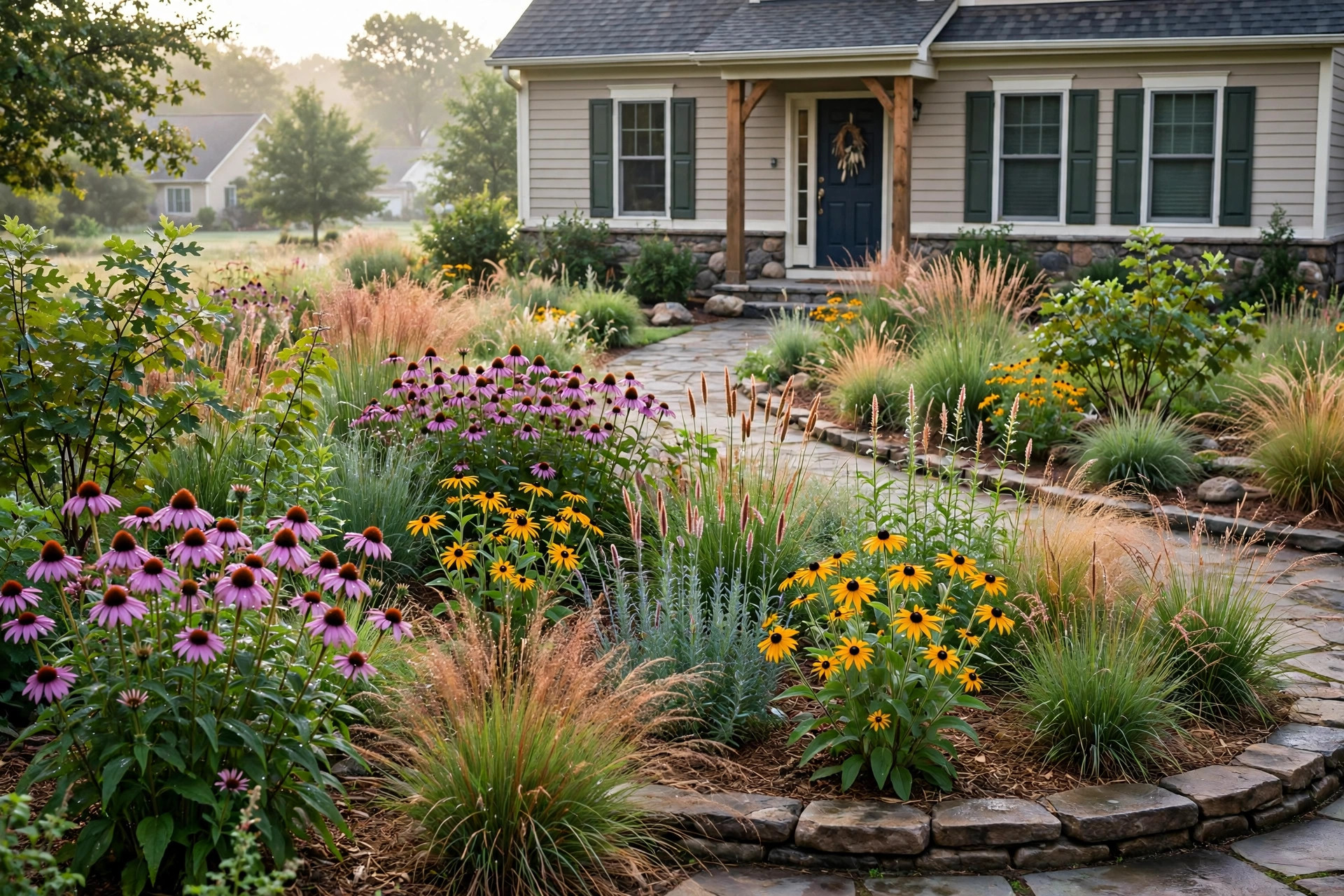 native plant landscaping ideas for front yards: Front yard bed planted with native wildflowers and grasses