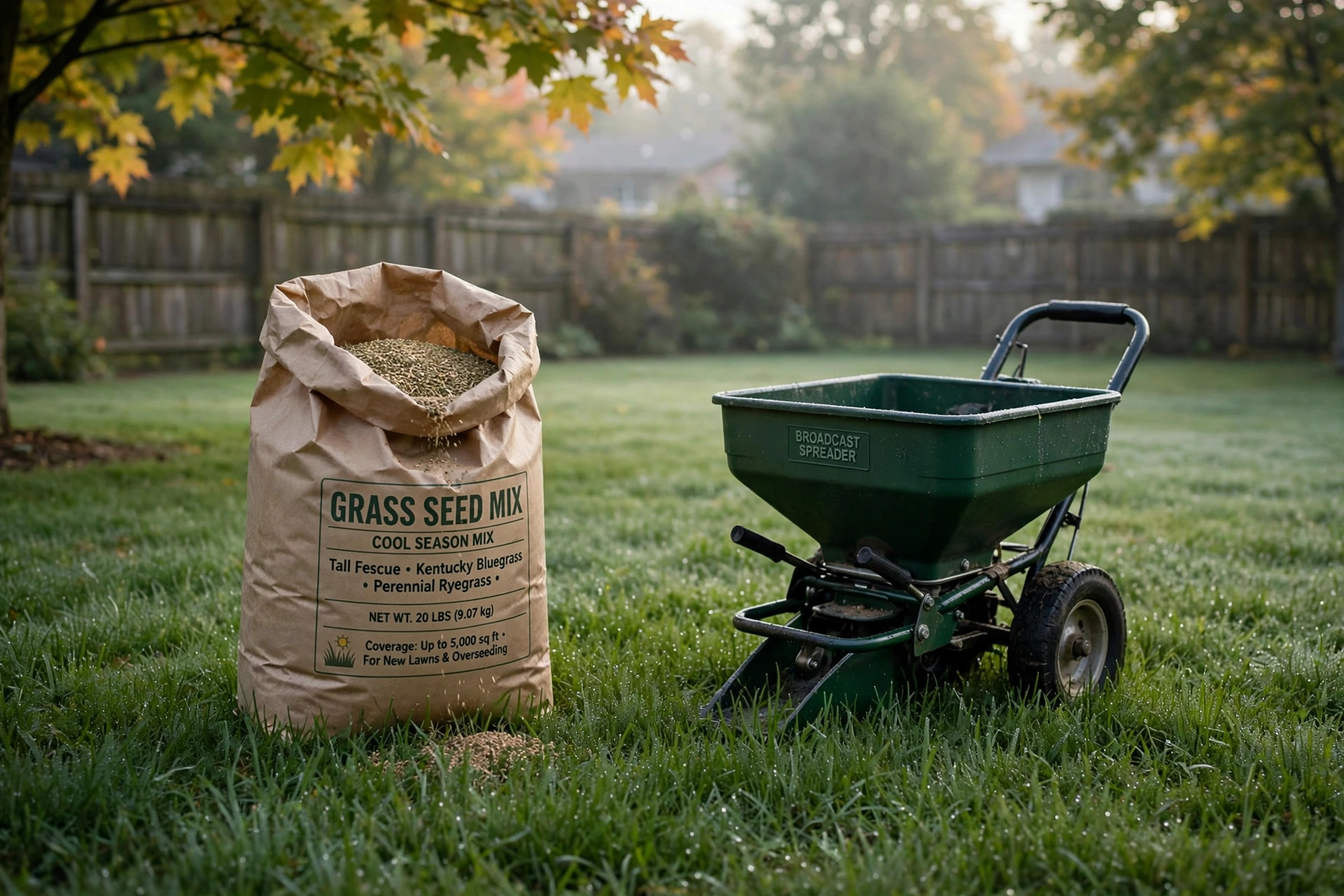 A green lawn with a grass seed blend bag resting on it, showing the best overseed blend for cool season lawns