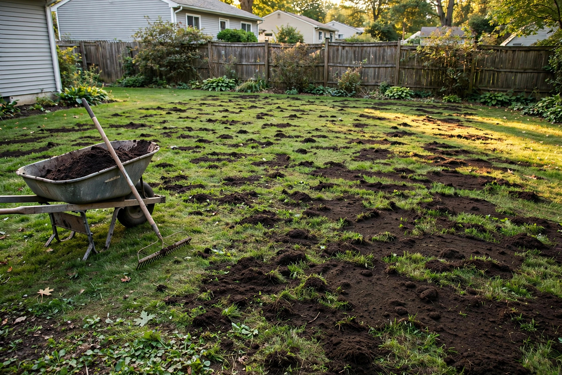 How to level bumpy lawn with topsoil: garden rake spreading soil over uneven grass