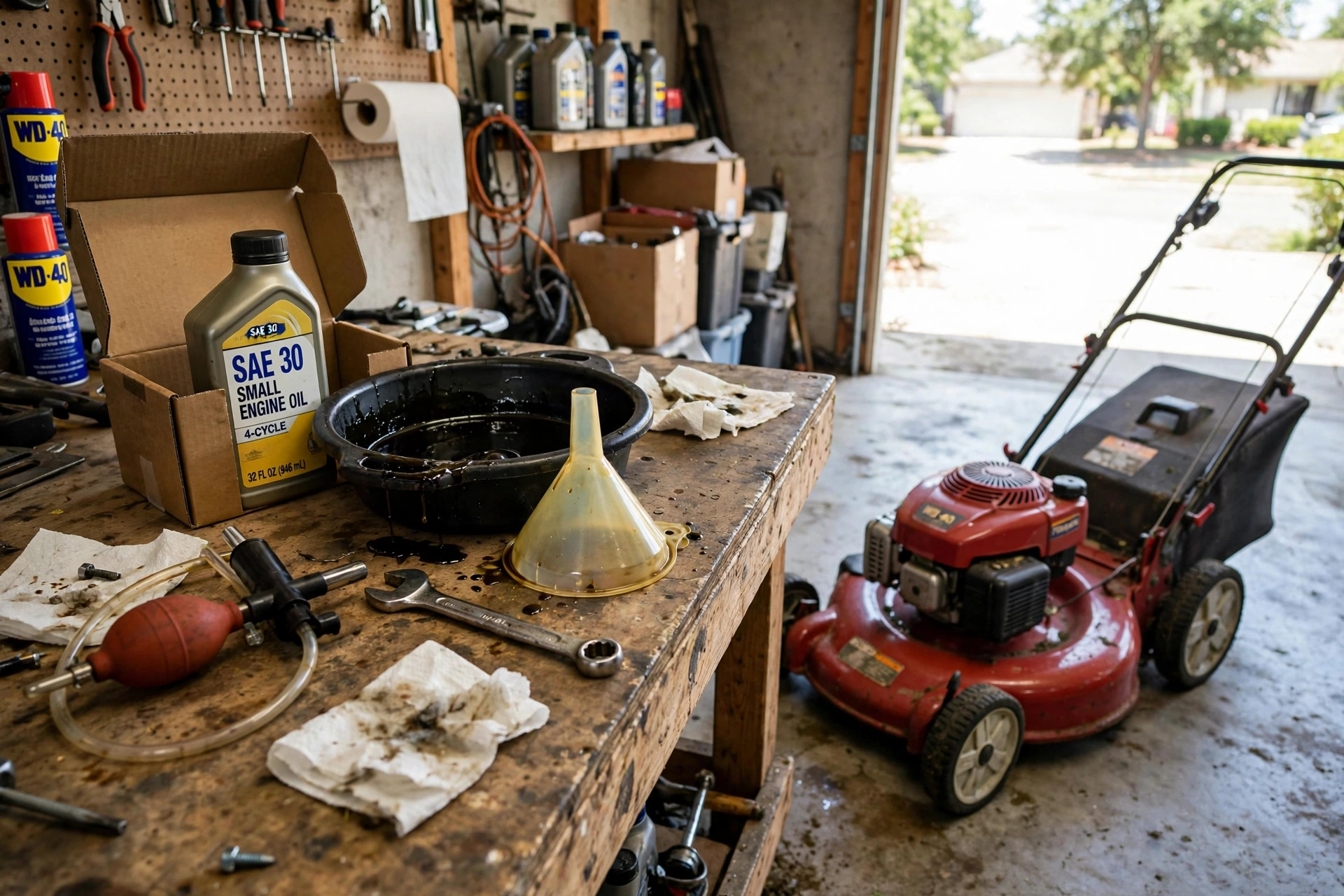 Lawn mower oil change kit for homeowners with oil bottle and funnel on a garage workbench